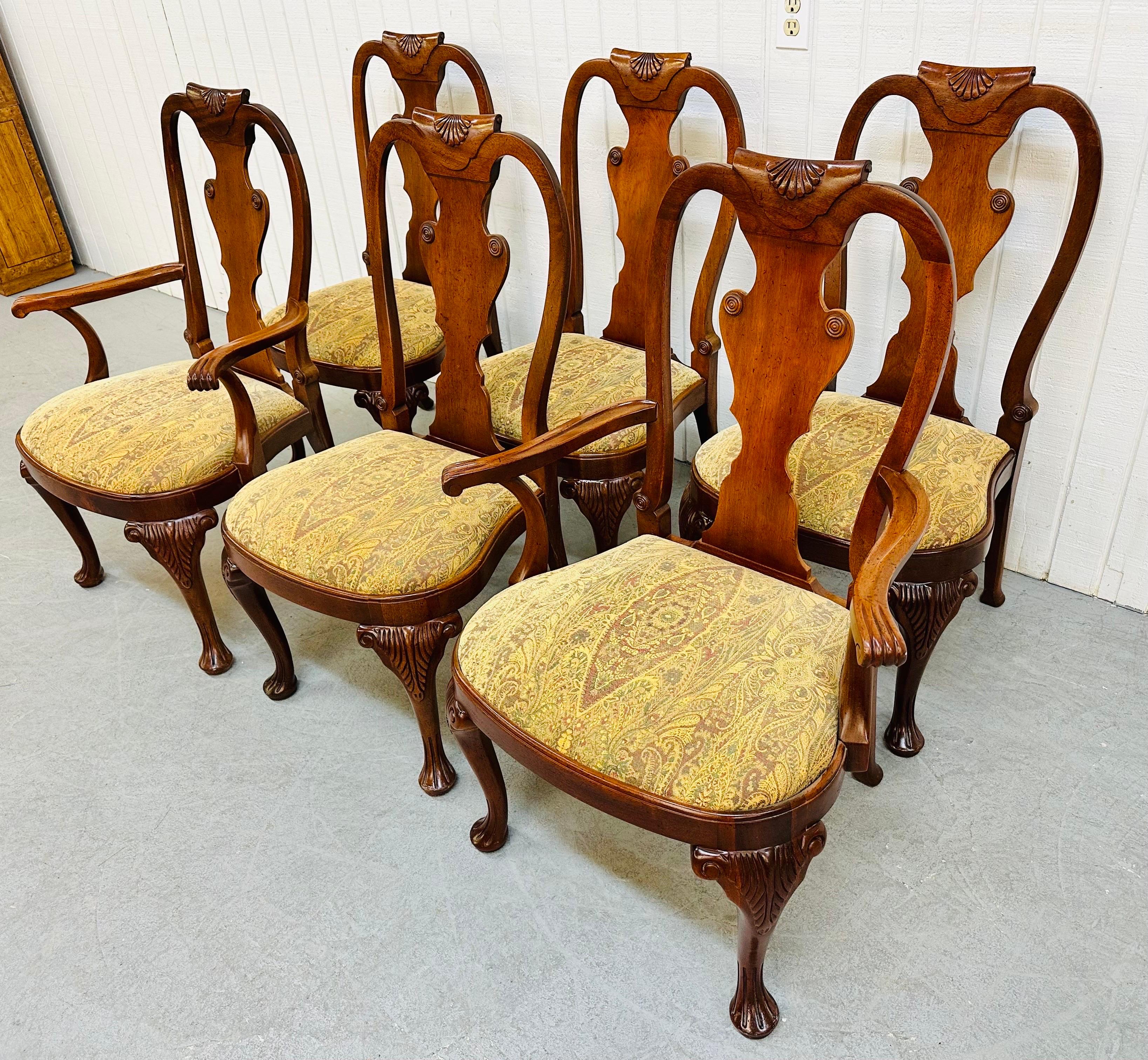 This listing is for a set of six vintage Baker Furniture Charleston Collection Mahogany Dining Chairs. Featuring two arm chairs, four straight chairs, original upholstery, a Queen Anne style leg, beautiful mahogany finish, detailed carved accents on