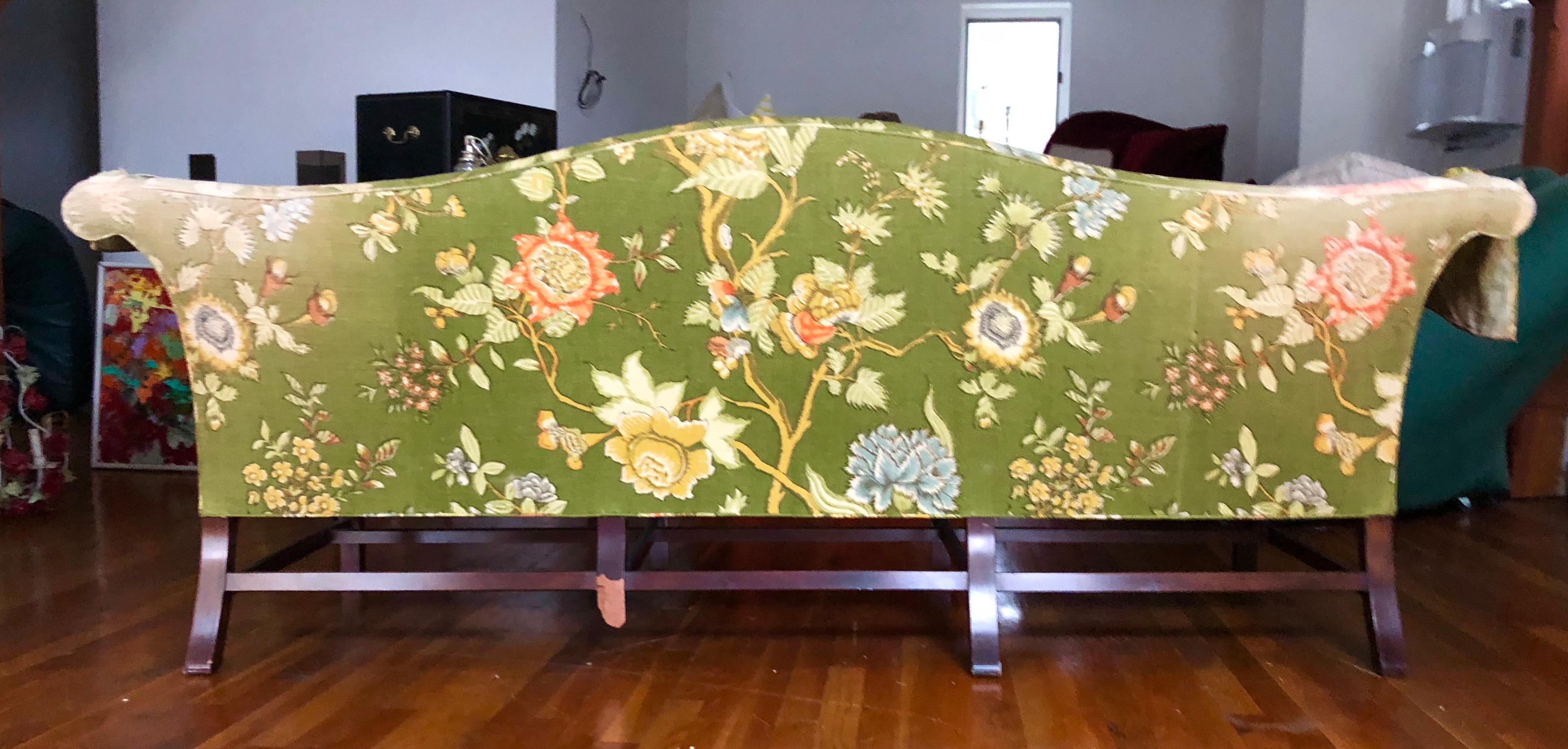 American Vintage Baker Furniture Modern Green Linen Floral Camelback Sofa, Mahogany 