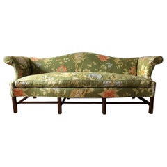 Retro Baker Furniture Modern Green Linen Floral Camelback Sofa, Mahogany 