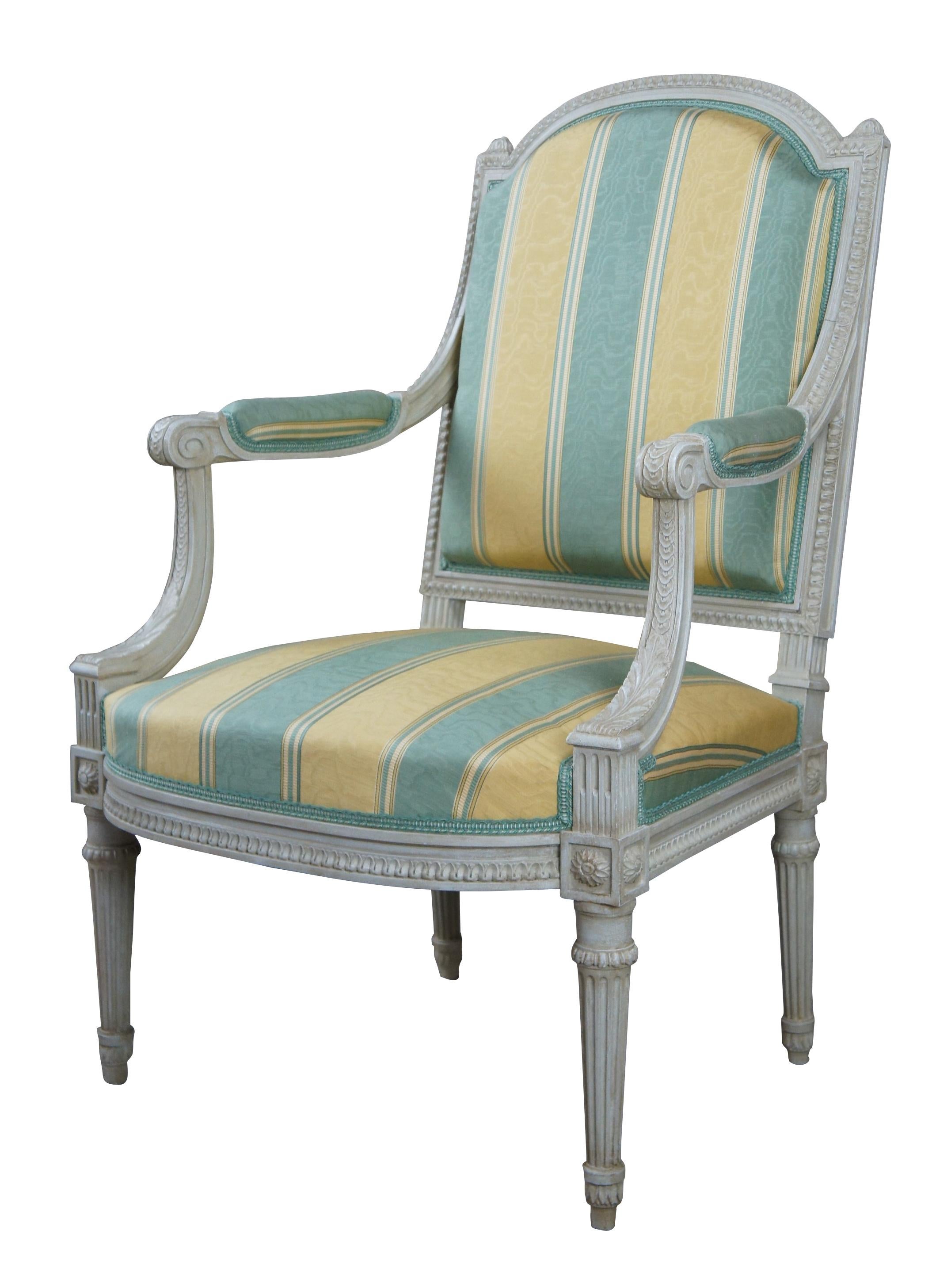 Vintage Baker Furniture French Louis XVI Fauteuil Silk Striped Arm Chair In Good Condition For Sale In Dayton, OH