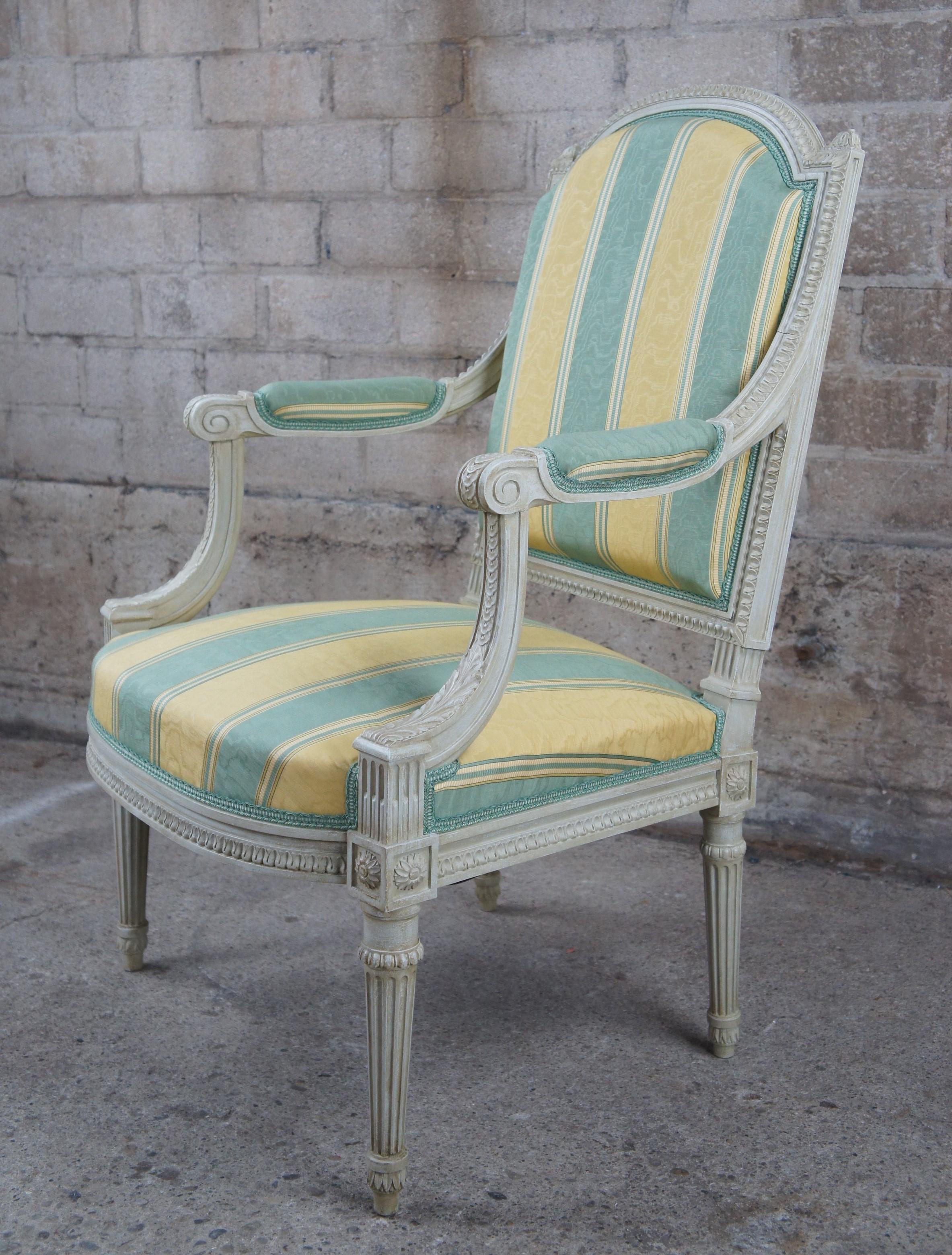 Mid-20th Century Vintage Baker Furniture French Louis XVI Fauteuil Silk Striped Arm Chair For Sale