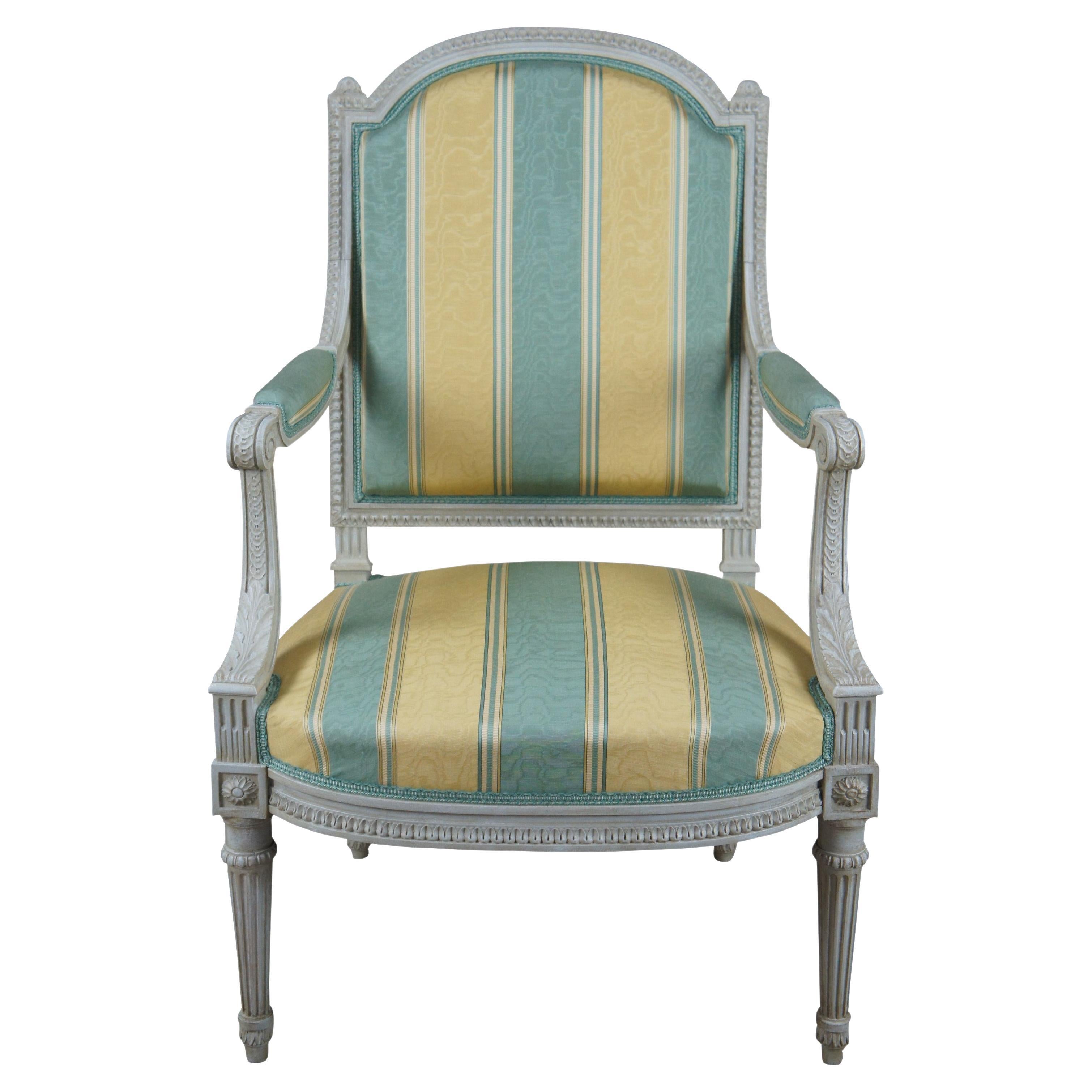 Vintage Baker Furniture French Louis XVI Fauteuil Silk Striped Arm Chair For Sale