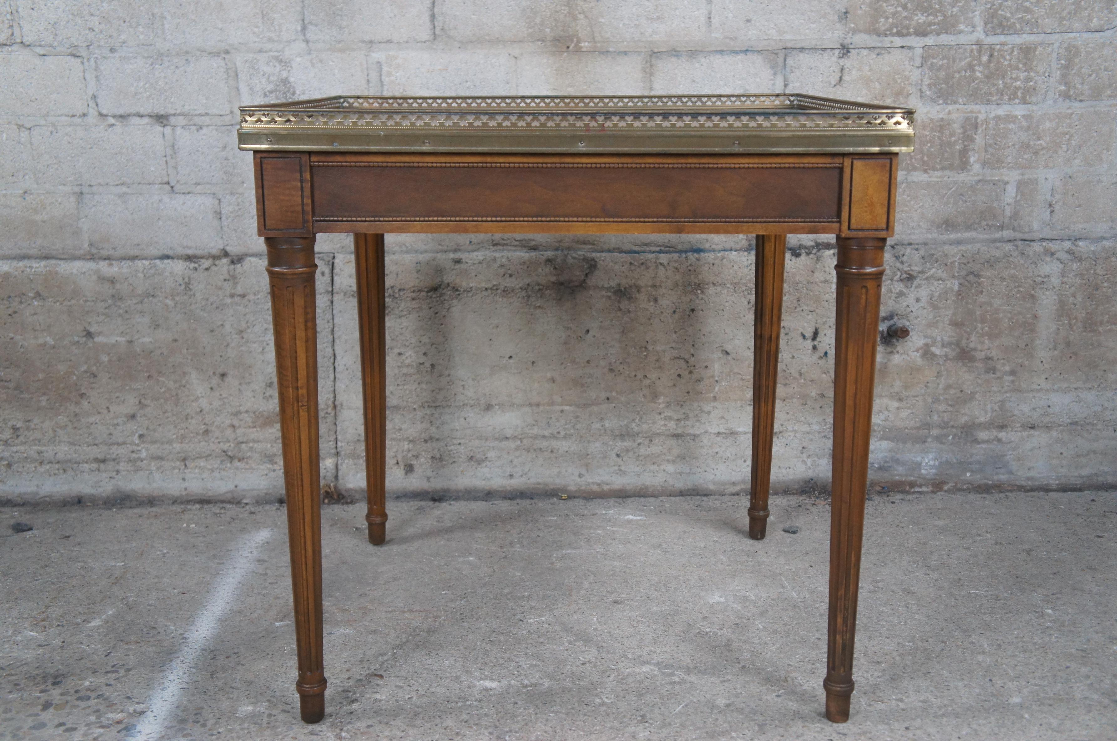 Vintage Baker Furniture French Louis XVI Style Walnut Accent Table Brass Gallery For Sale 6