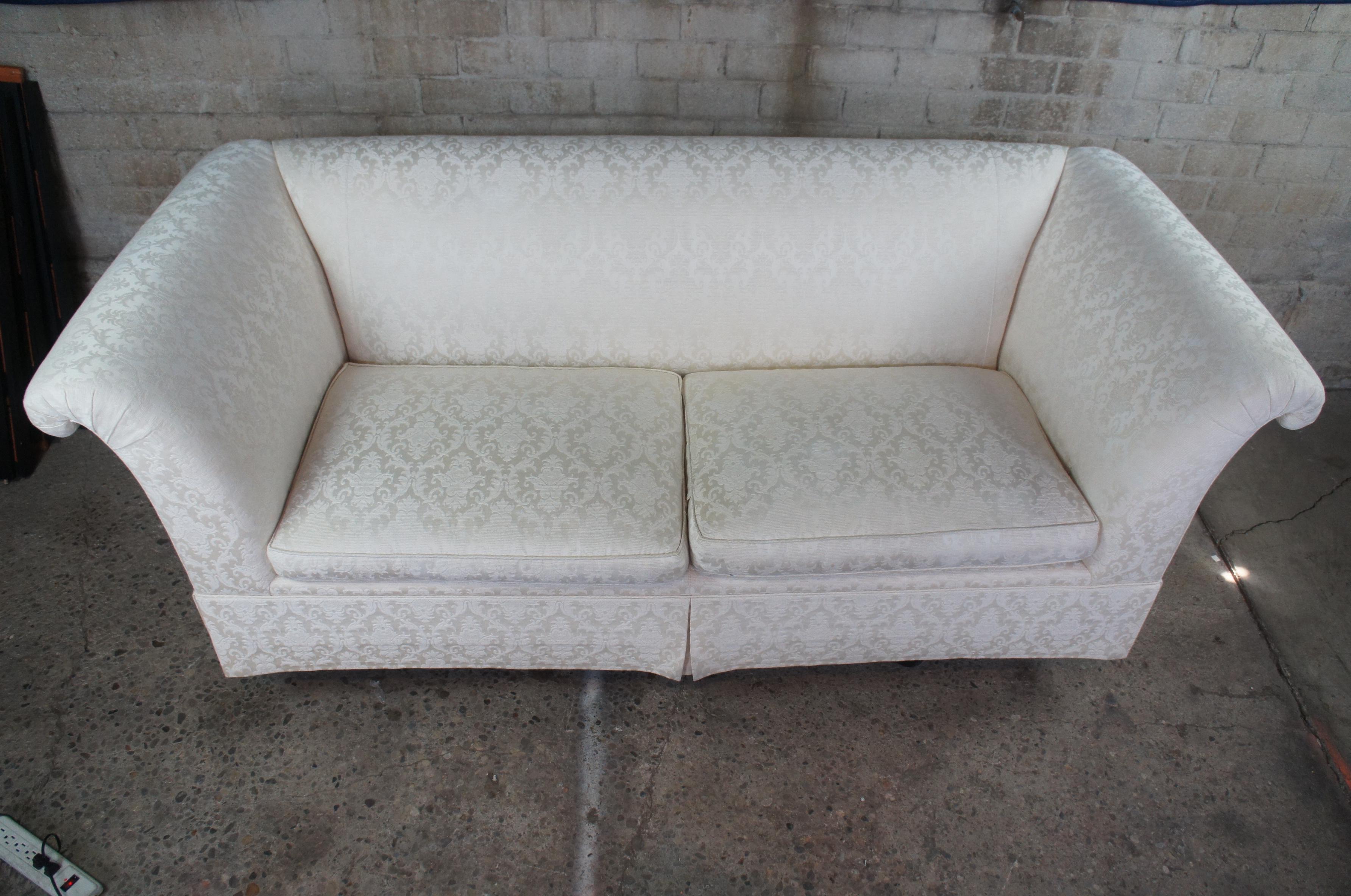 French Provincial Baker Furniture French Tuxedo Roll Arm Down Filled Sofa Couch Love Seat Brocade