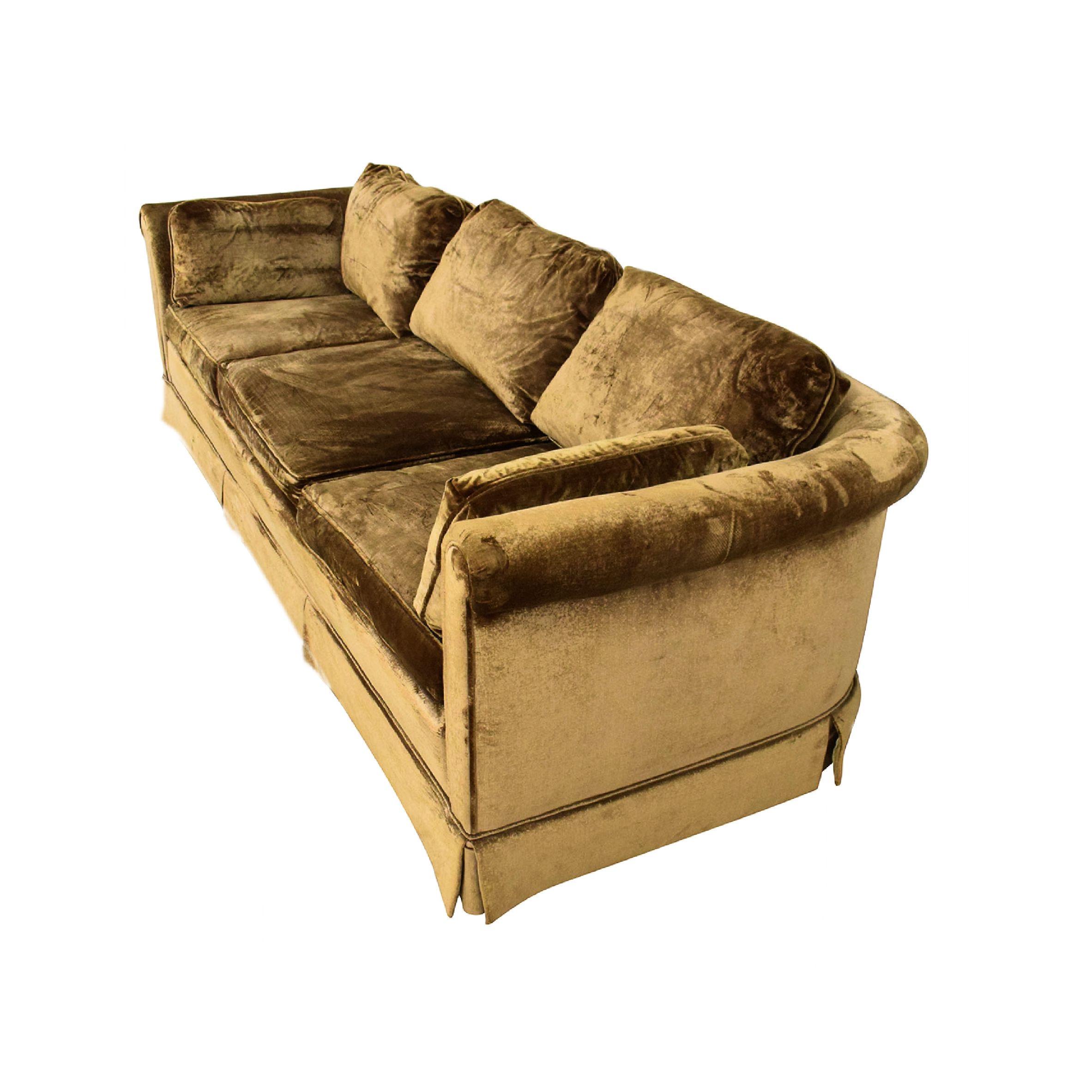 Vintage baker furniture golden brown velvet custom George IV skirted sofa. Three-seat. Three back cushions and three seat cushions. Measures: 90