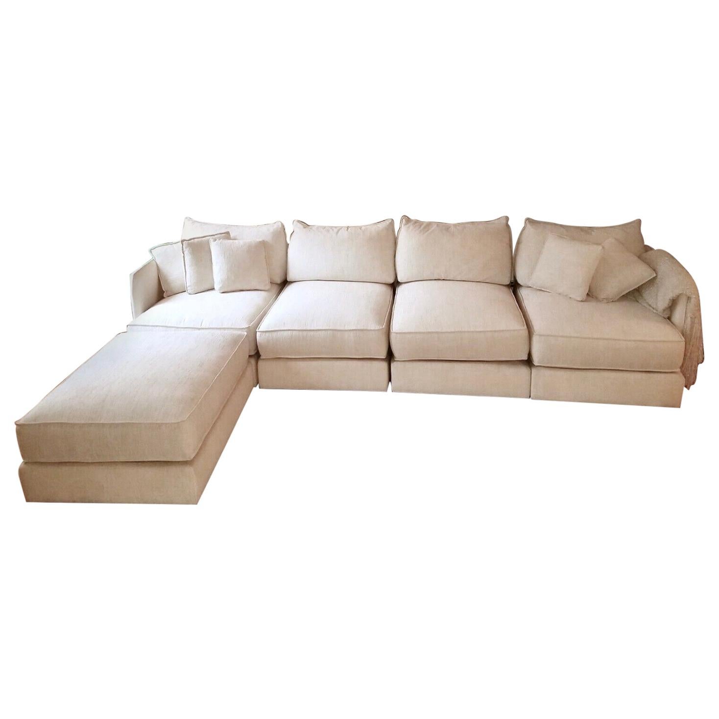 Vintage Baker Furniture Sectional Sofa with Ottoman, Four-Seat, Down, Linen