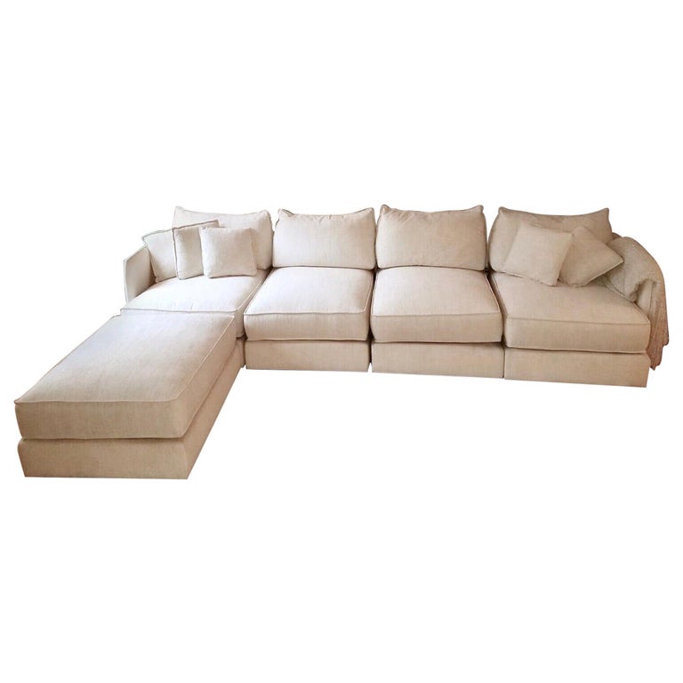 Vintage Baker Furniture Sectional Sofa with Ottoman, FourSeat, Down, Linen at 1stDibs