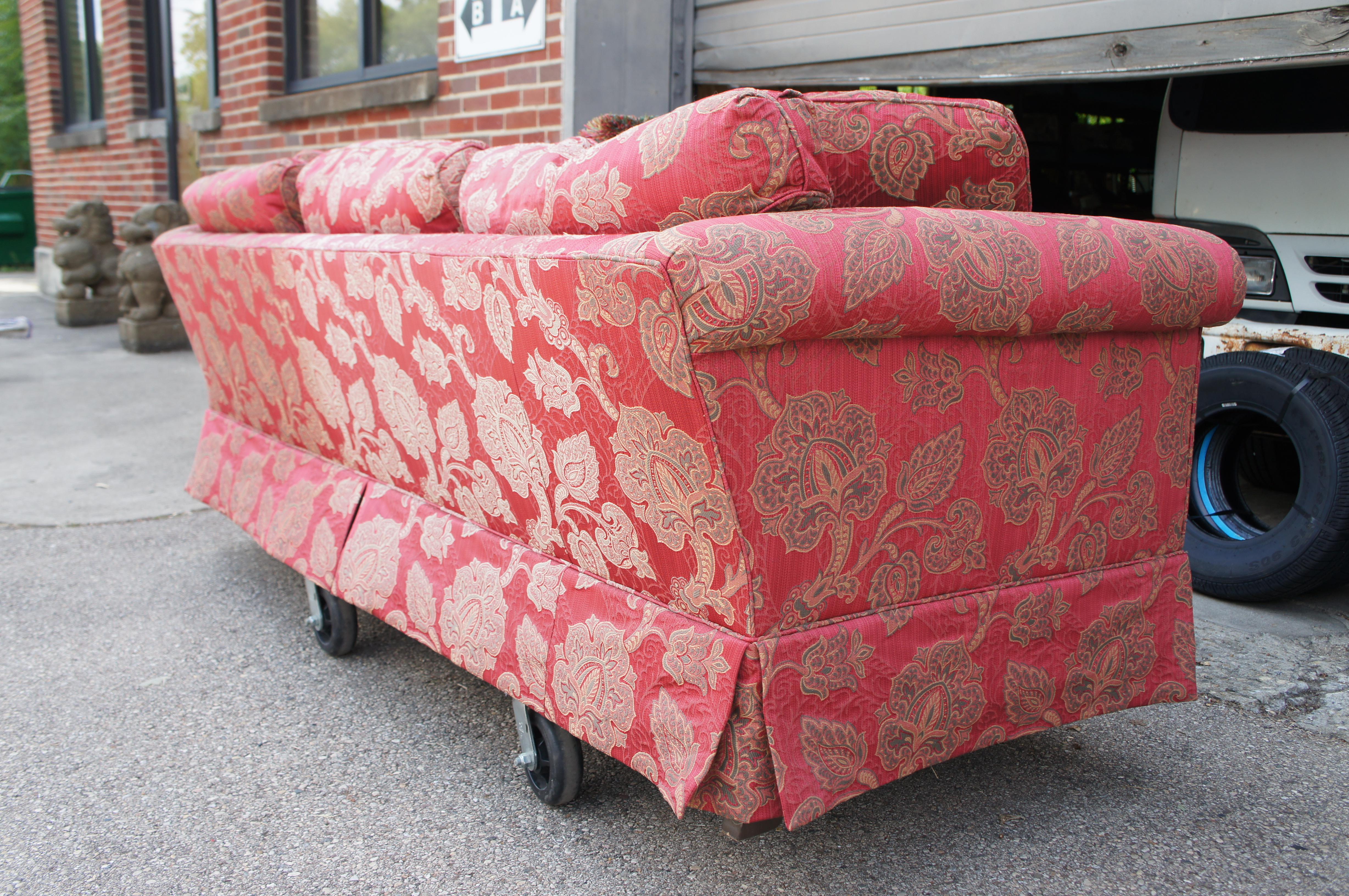 Vintage Baker Furniture Traditional Red Paisley 3 Seat Rolled Arm Sofa Couch 90
