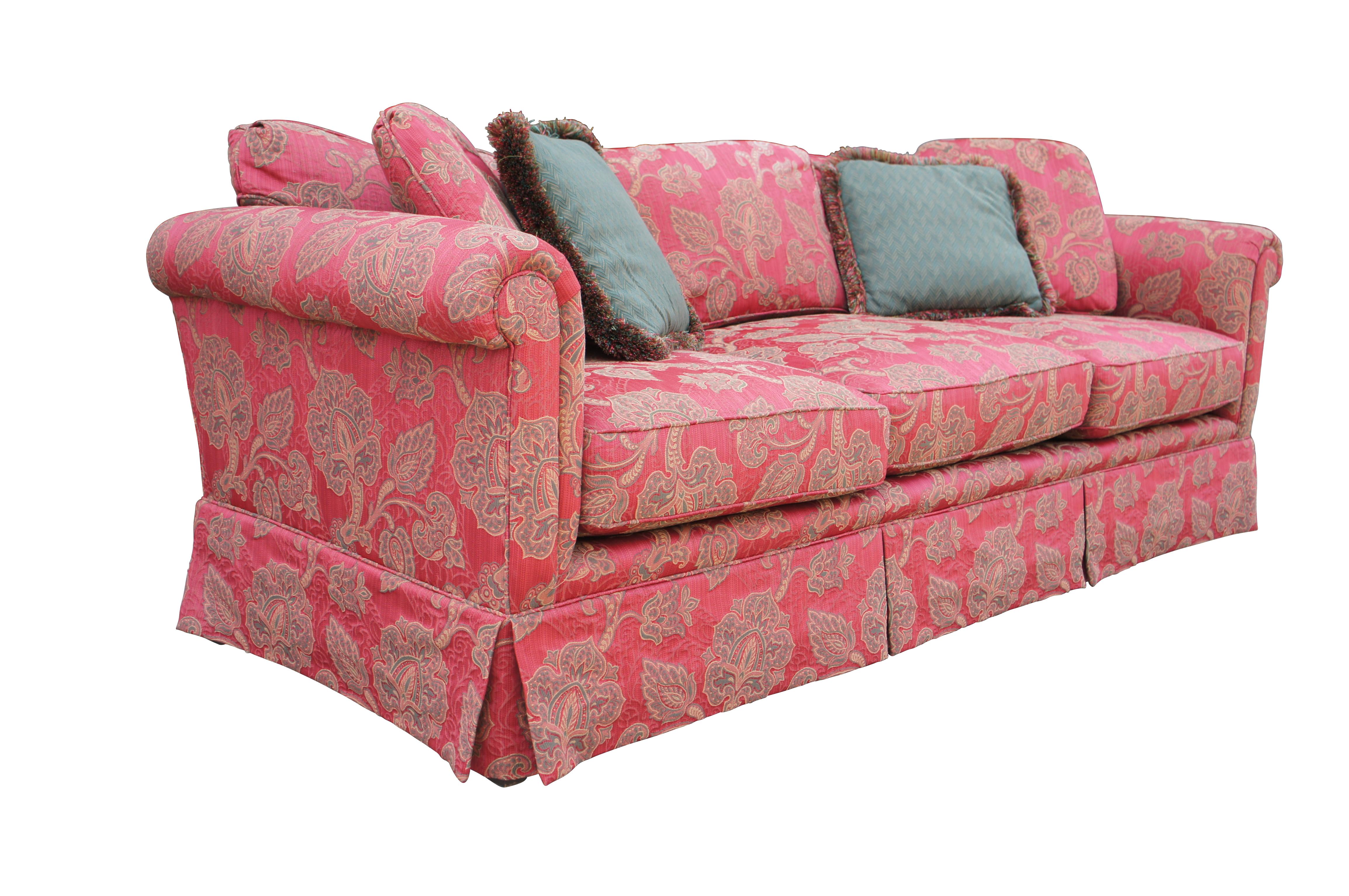 Modern Vintage Baker Furniture Traditional Red Paisley 3 Seat Rolled Arm Sofa Couch 90