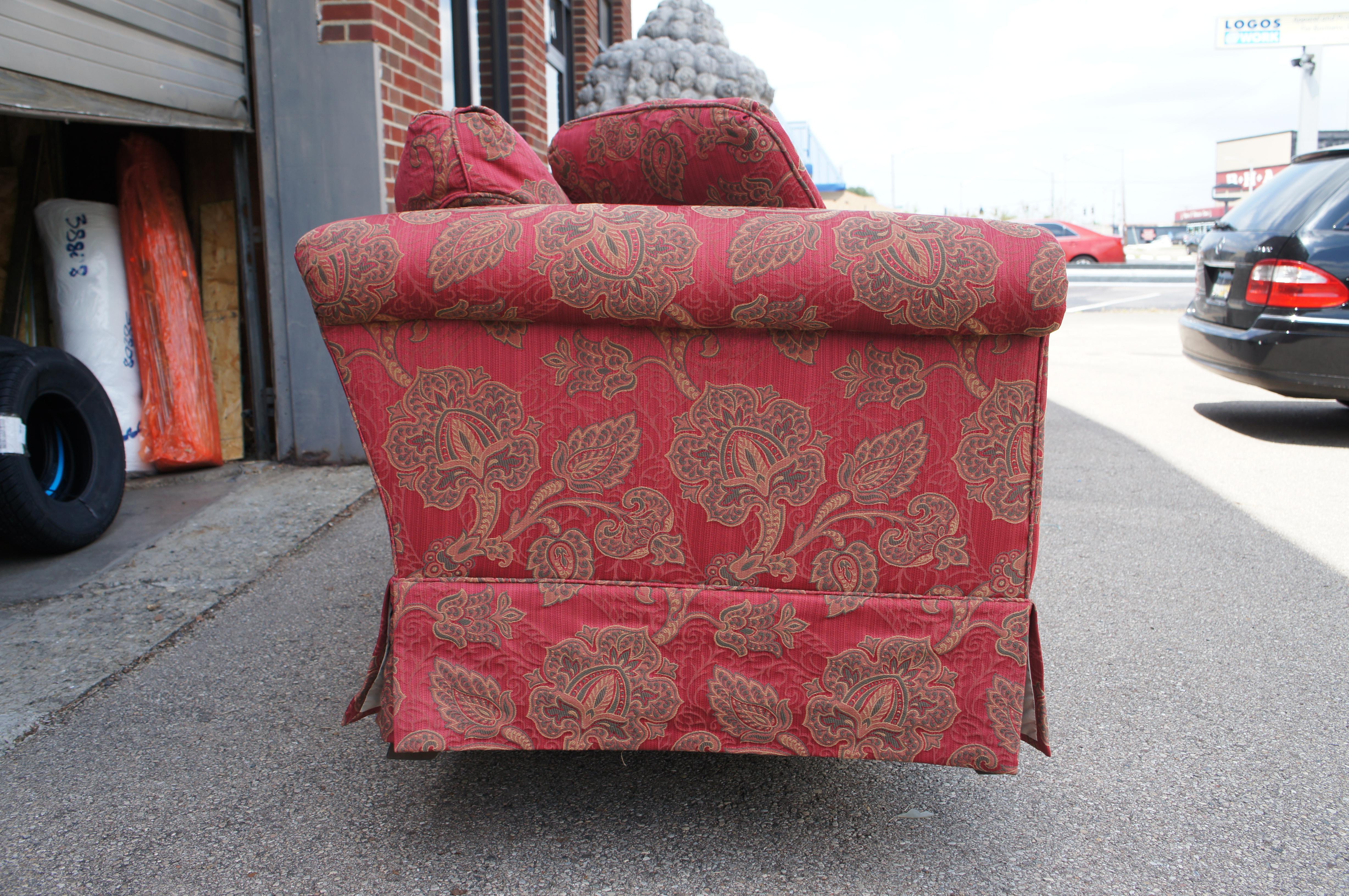 20th Century Vintage Baker Furniture Traditional Red Paisley 3 Seat Rolled Arm Sofa Couch 90