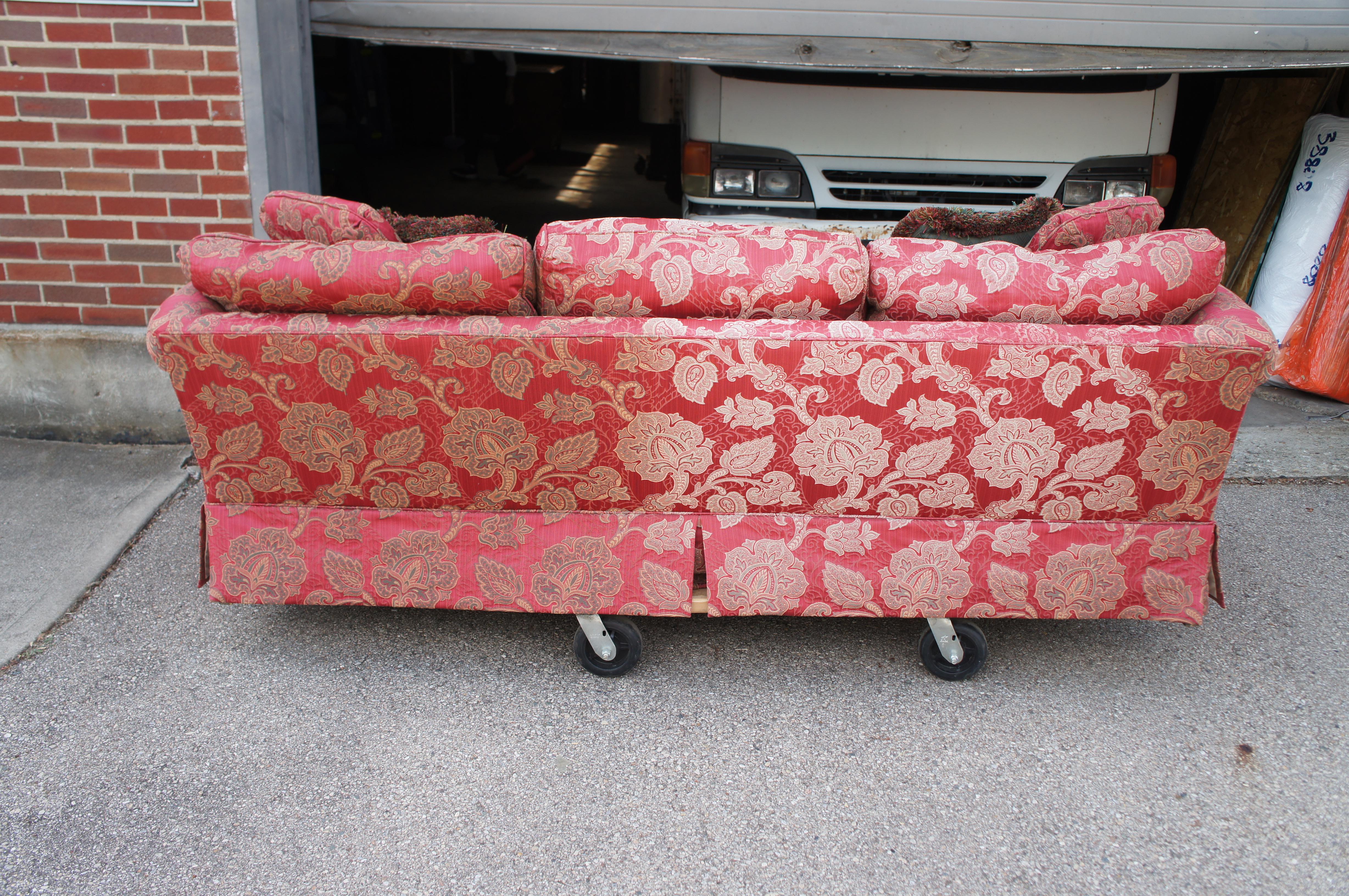 Vintage Baker Furniture Traditional Red Paisley 3 Seat Rolled Arm Sofa Couch 90