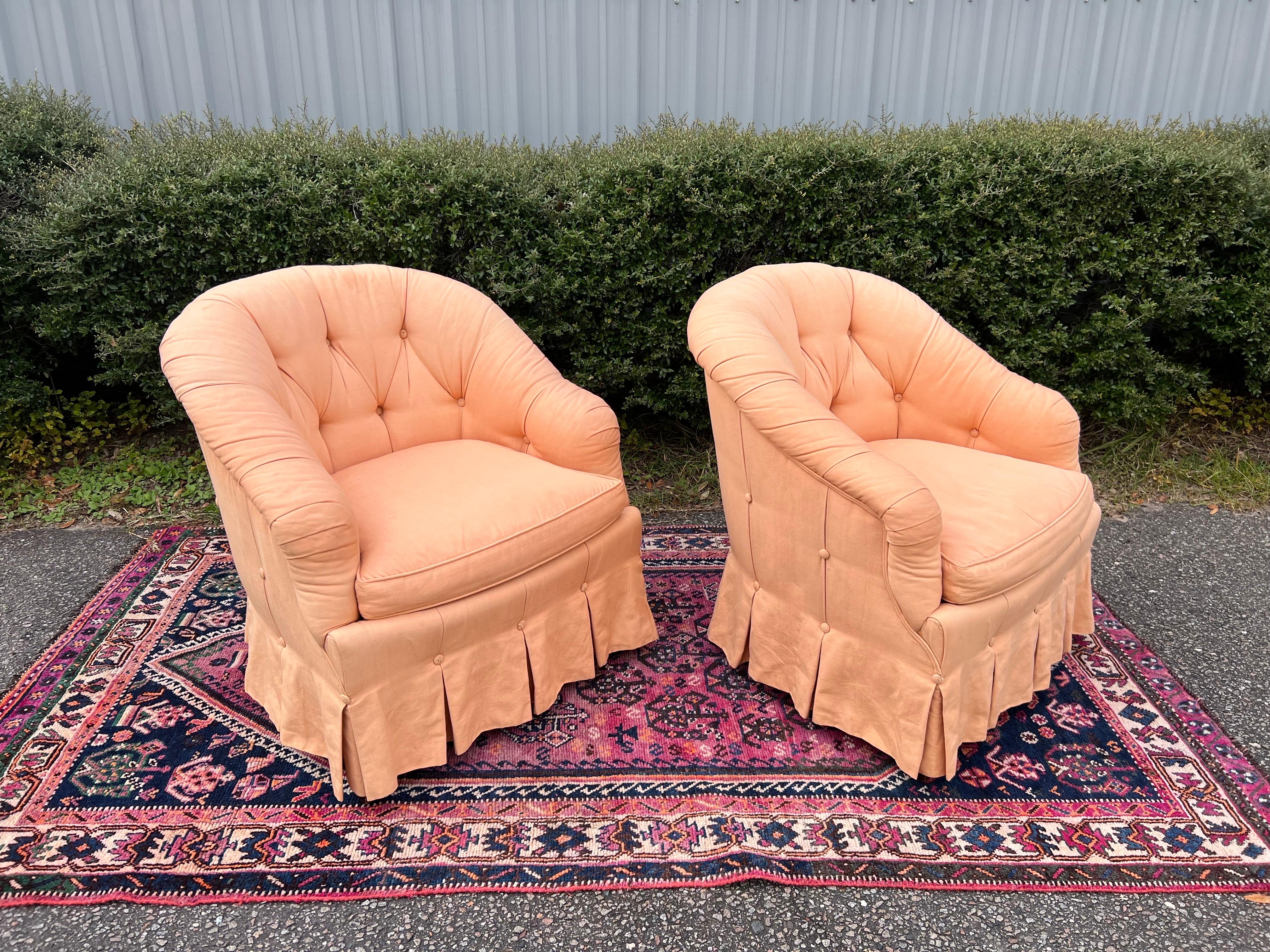 Hollywood Regency Vintage Baker Furniture Tufted Upholstered Club Chairs - a Pair