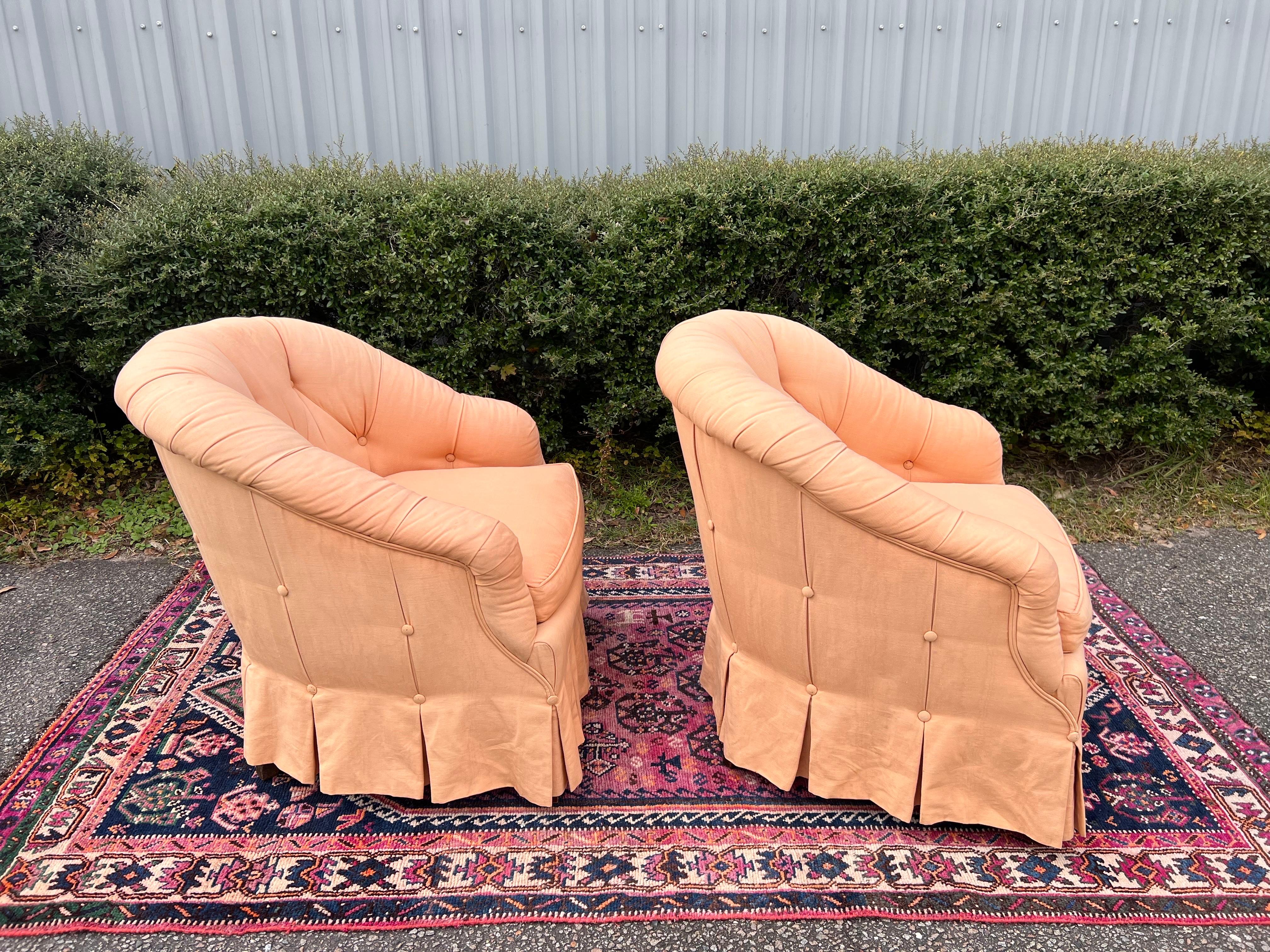 American Vintage Baker Furniture Tufted Upholstered Club Chairs - a Pair