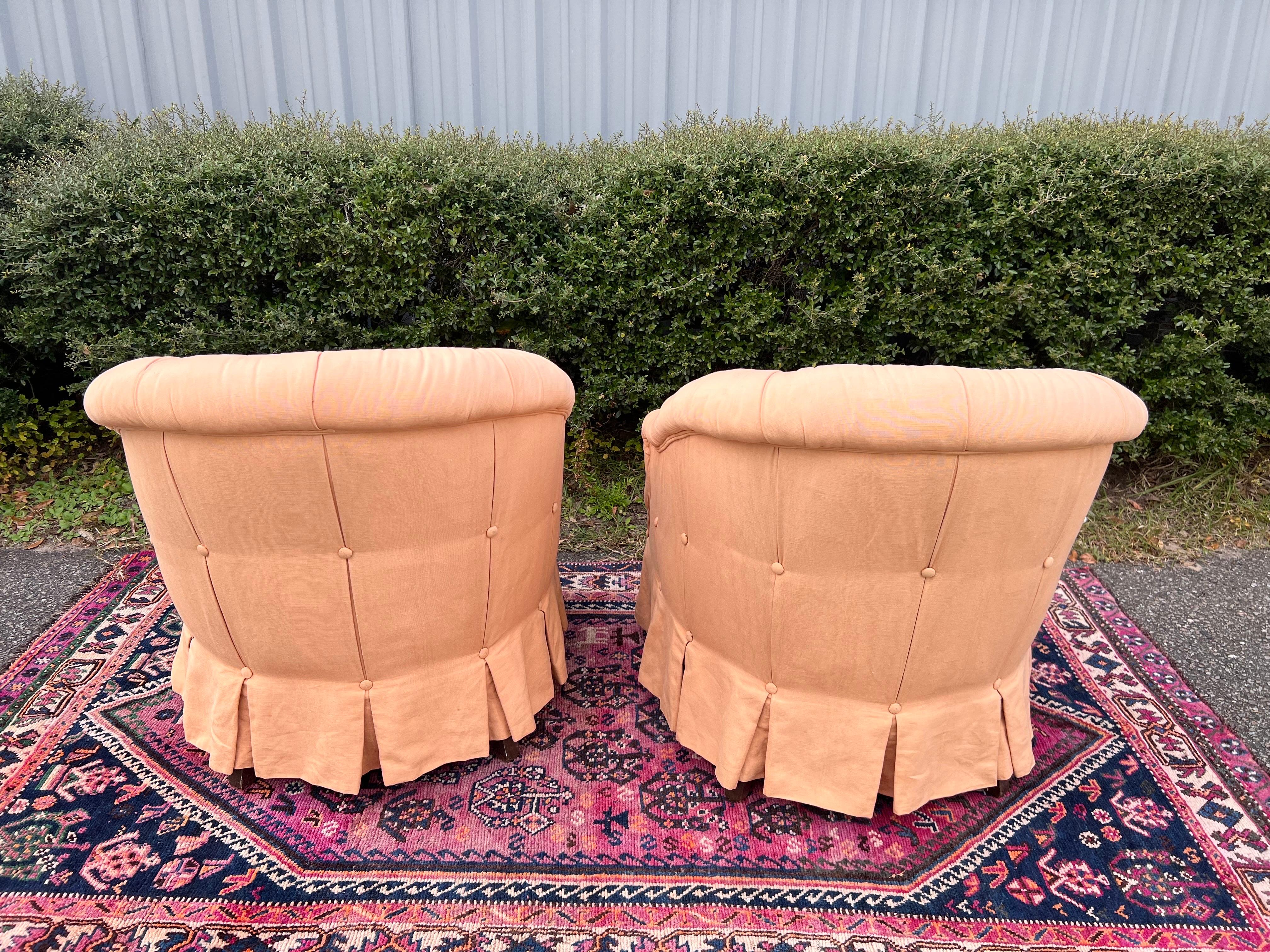 Late 20th Century Vintage Baker Furniture Tufted Upholstered Club Chairs - a Pair