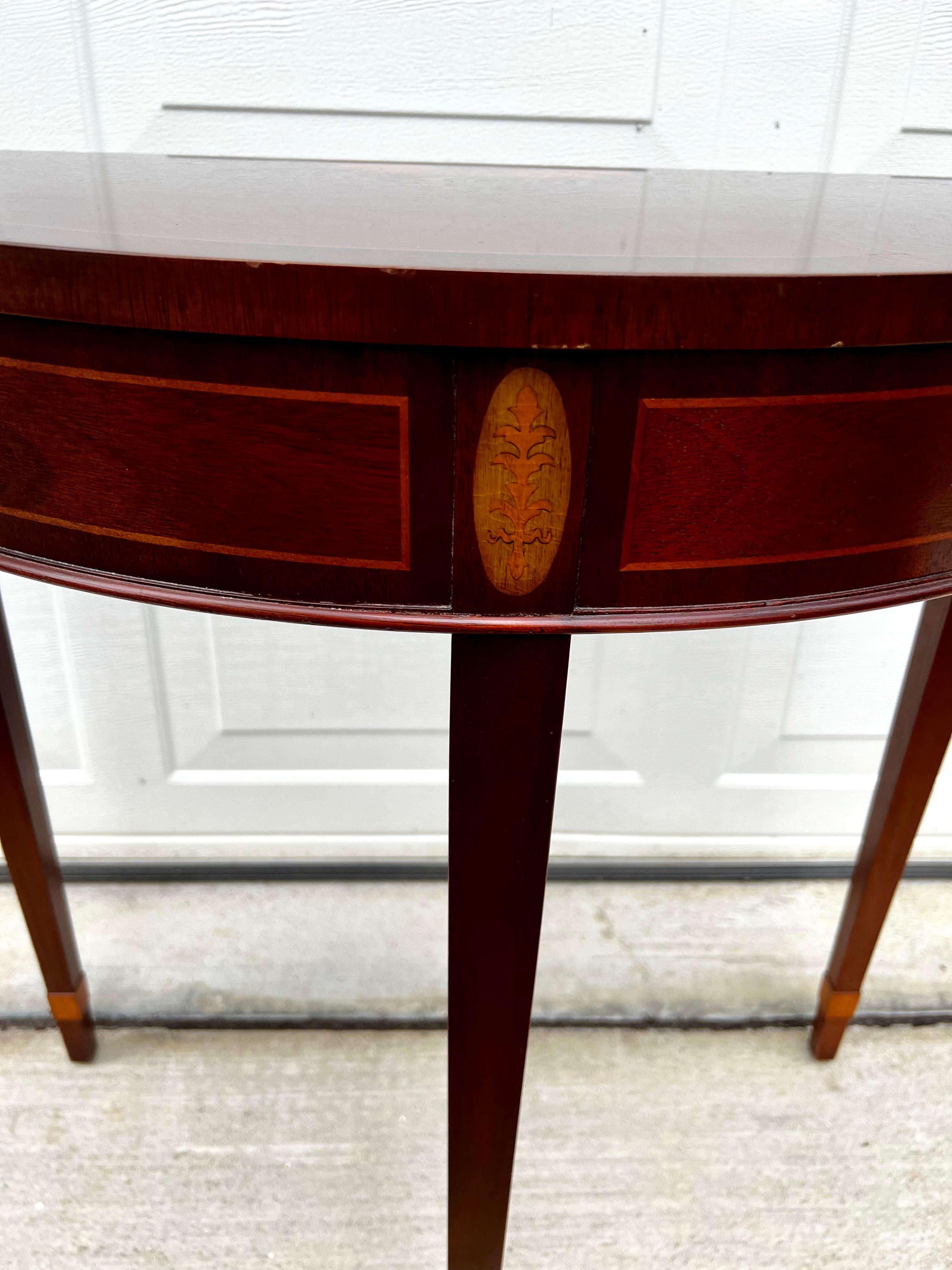Federal Vintage Baker Hepplewhite Style Mahogany Demilune Console or Entry Table For Sale