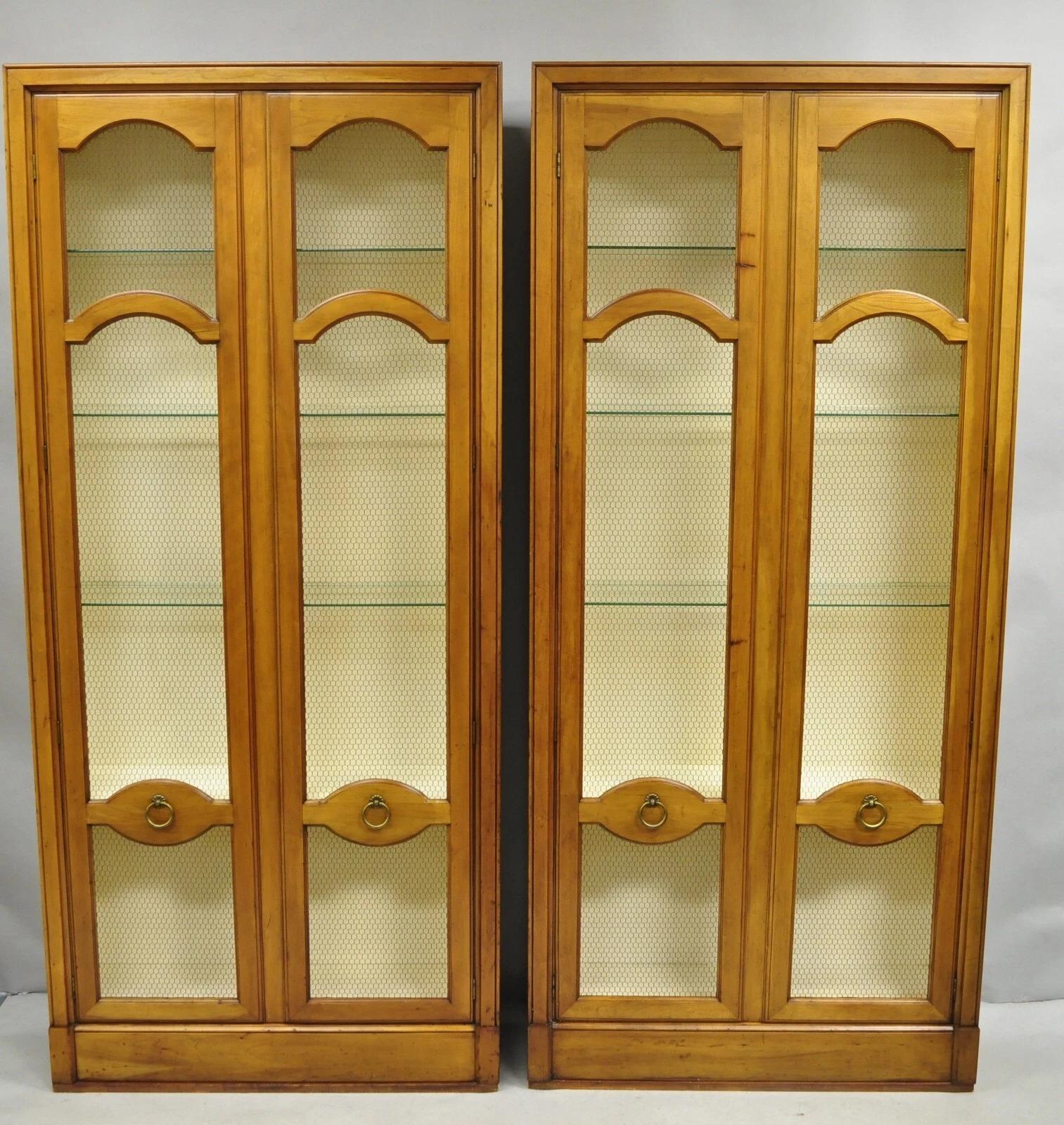 Unknown Vintage Baker Hollywood Regency Cherry Wood 2 Door Curio Cabinet Bookcase - Pair For Sale
