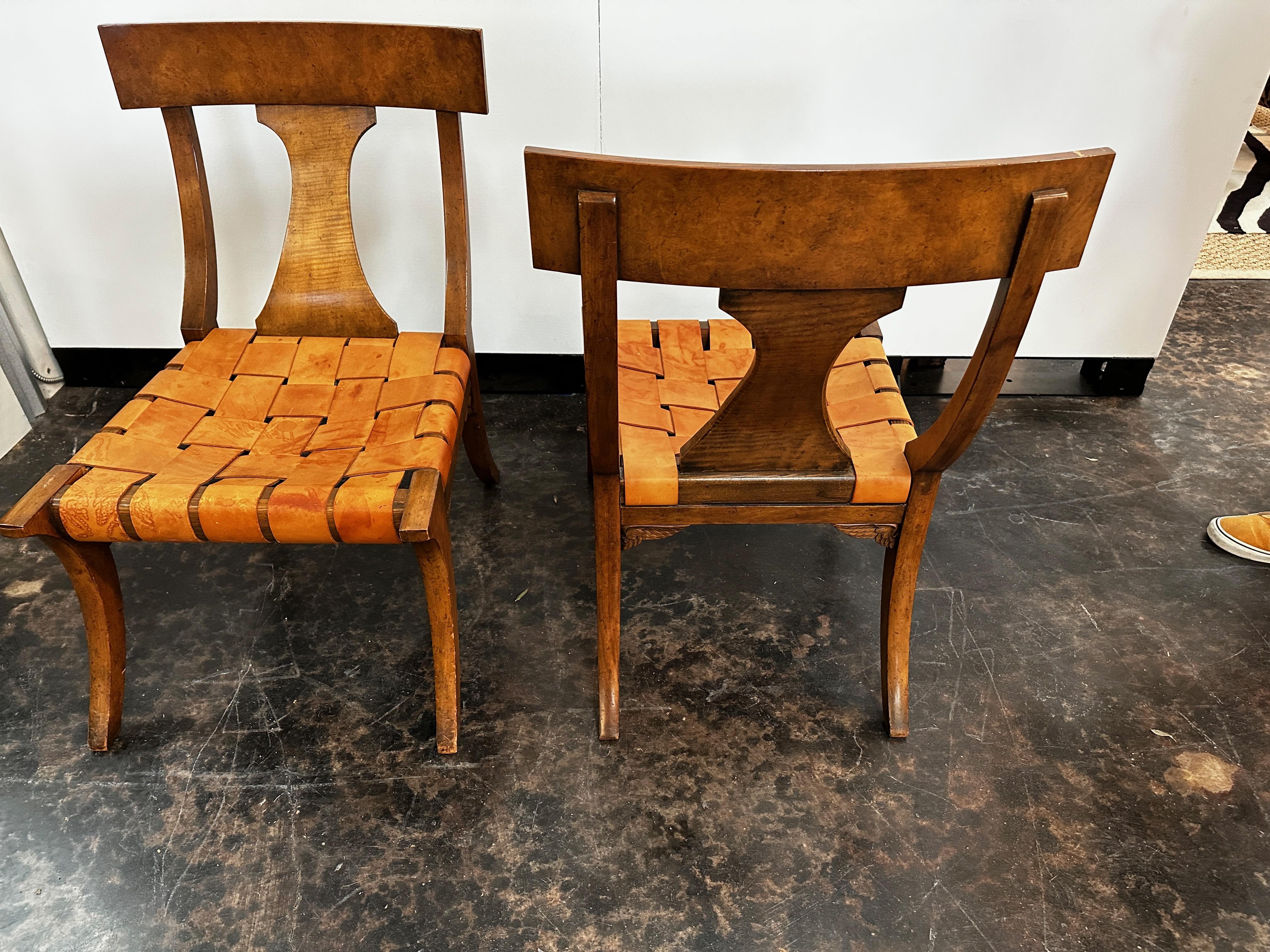 20th Century Vintage Baker Klismos Chairs with leather Strapping, set of four For Sale
