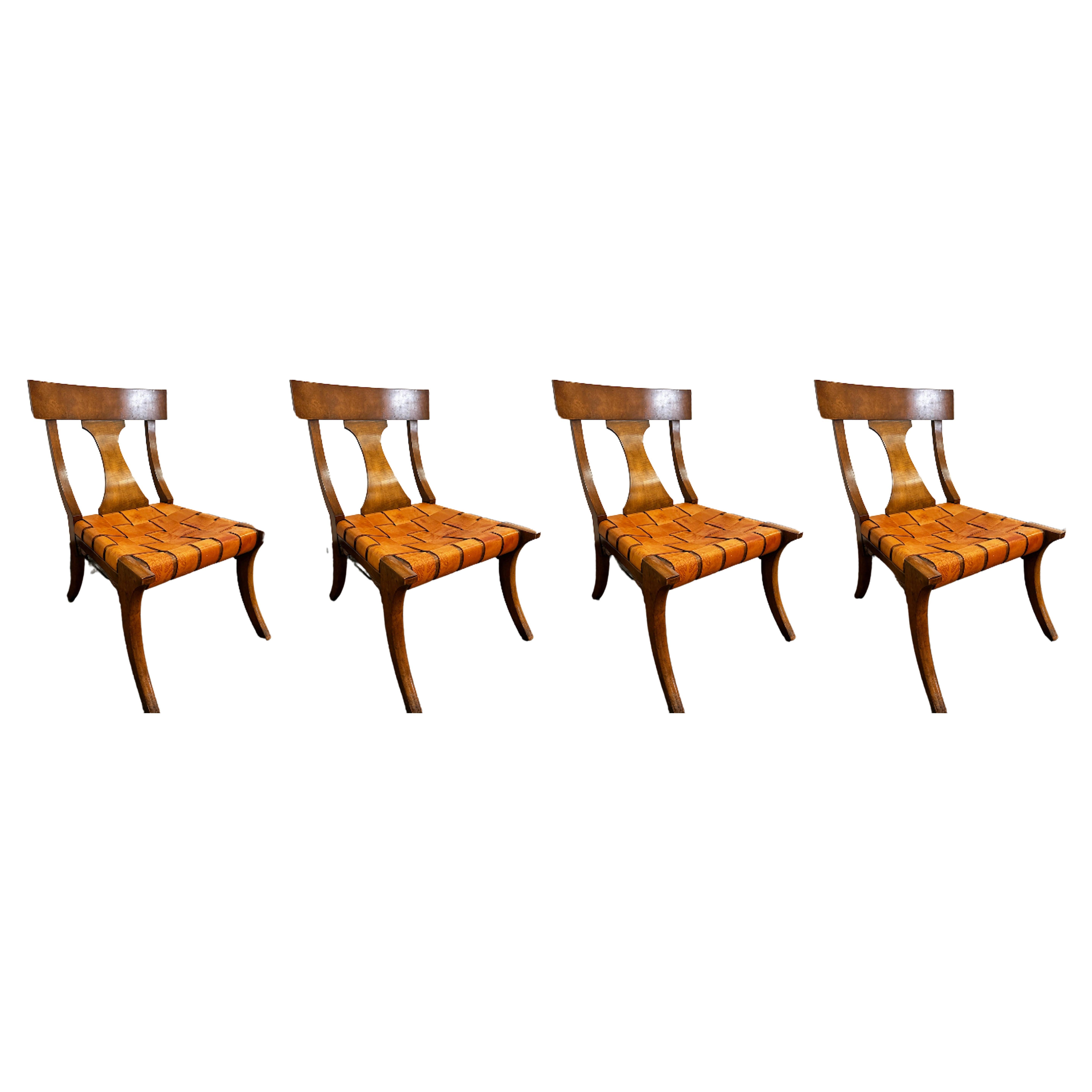 Baker Klismos Vintage-Stühle mit Lederriemen, Vierer-Set