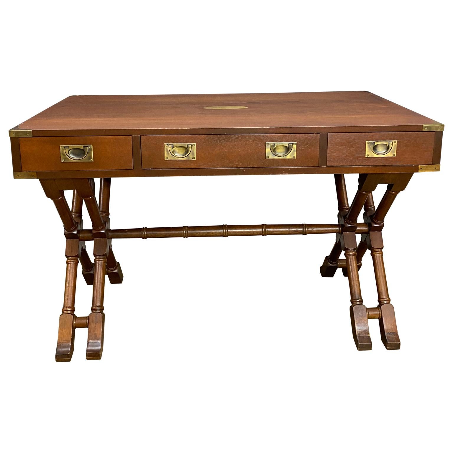 Mid-Century Modern Vintage Baker Mahogany Campaign Desk with X-Base and Brass Hardware