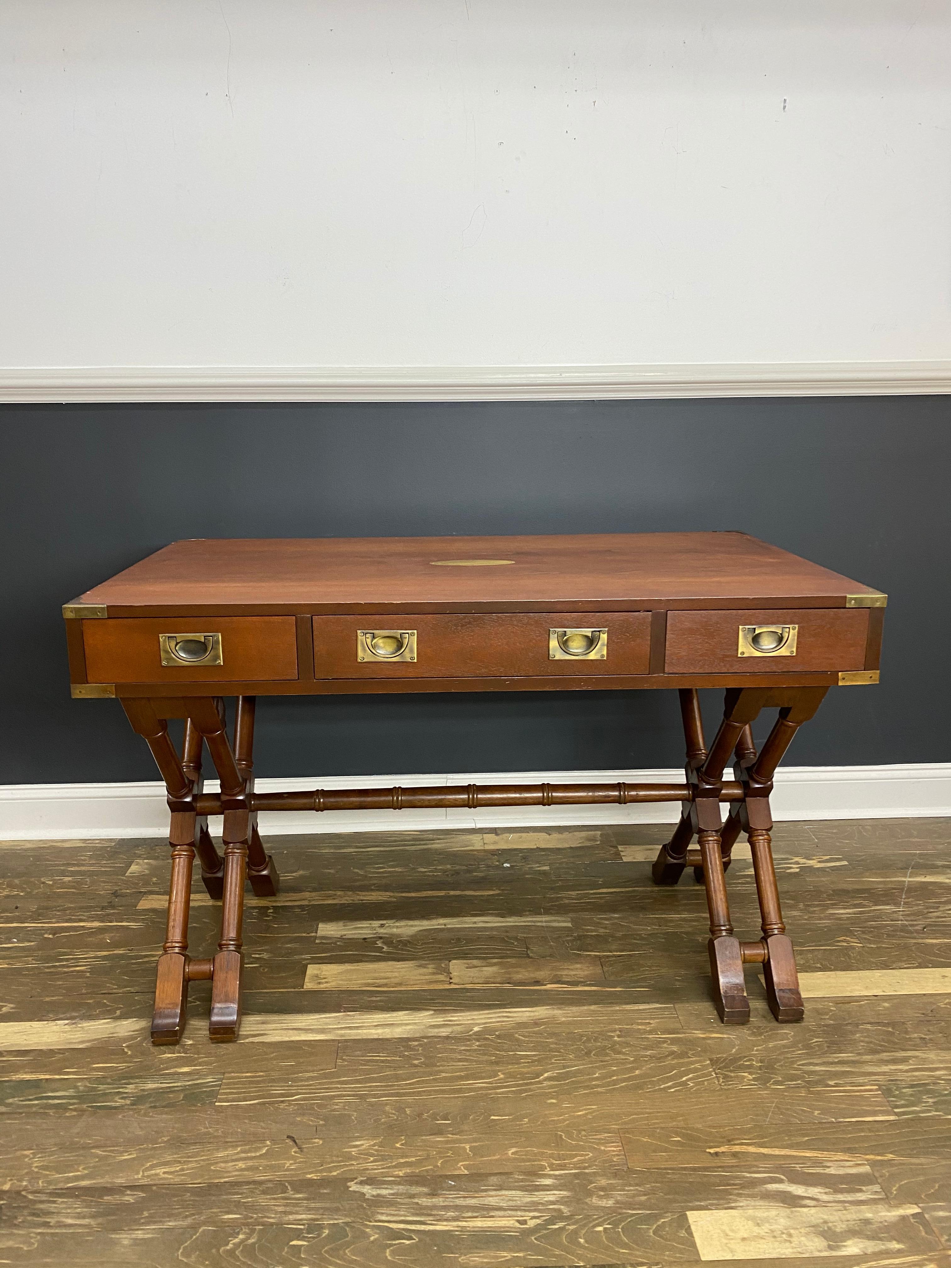 Hand-Crafted Vintage Baker Mahogany Campaign Desk with X-Base and Brass Hardware
