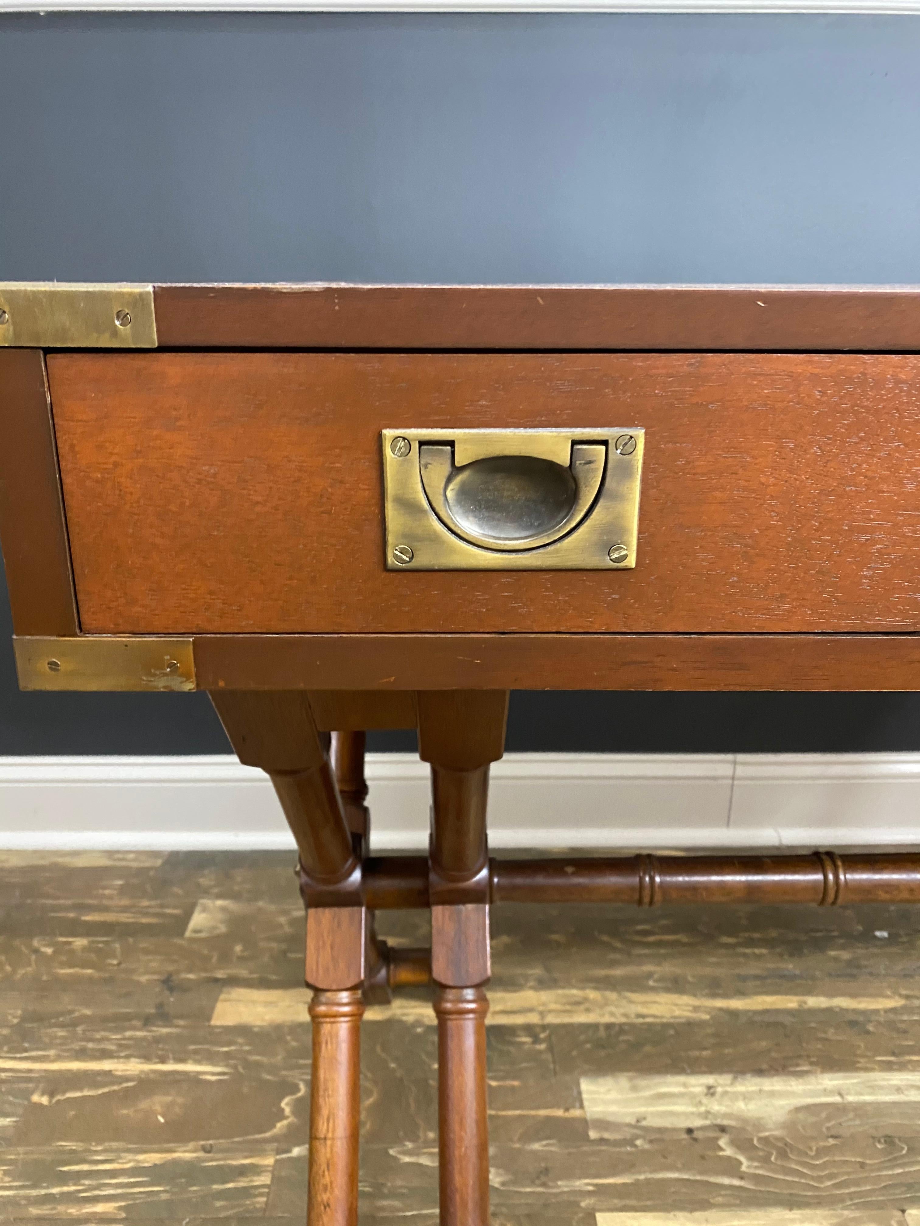 Vintage Baker Mahogany Campaign Desk with X-Base and Brass Hardware In Good Condition In Haddonfield, NJ