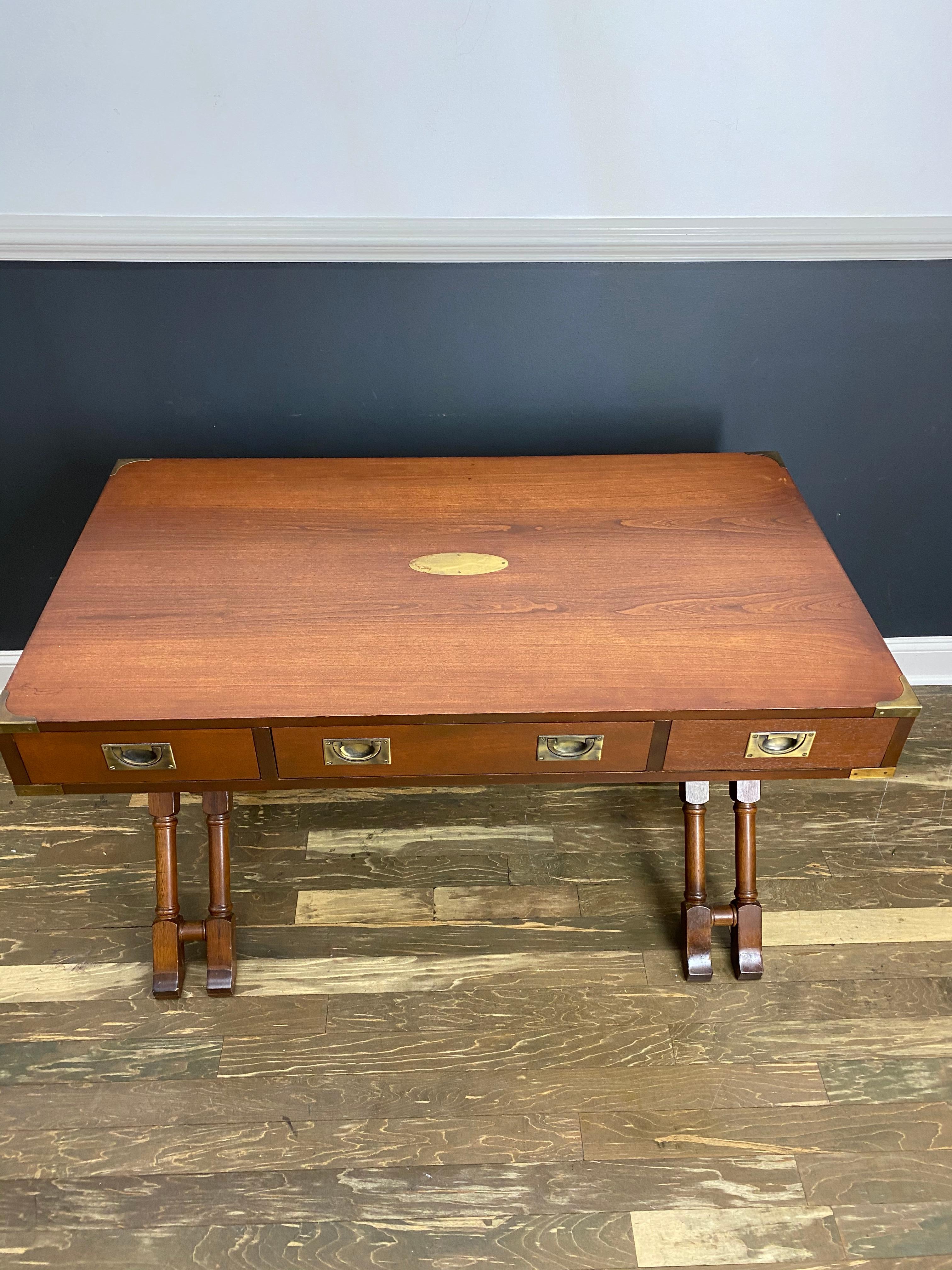 Late 20th Century Vintage Baker Mahogany Campaign Desk with X-Base and Brass Hardware