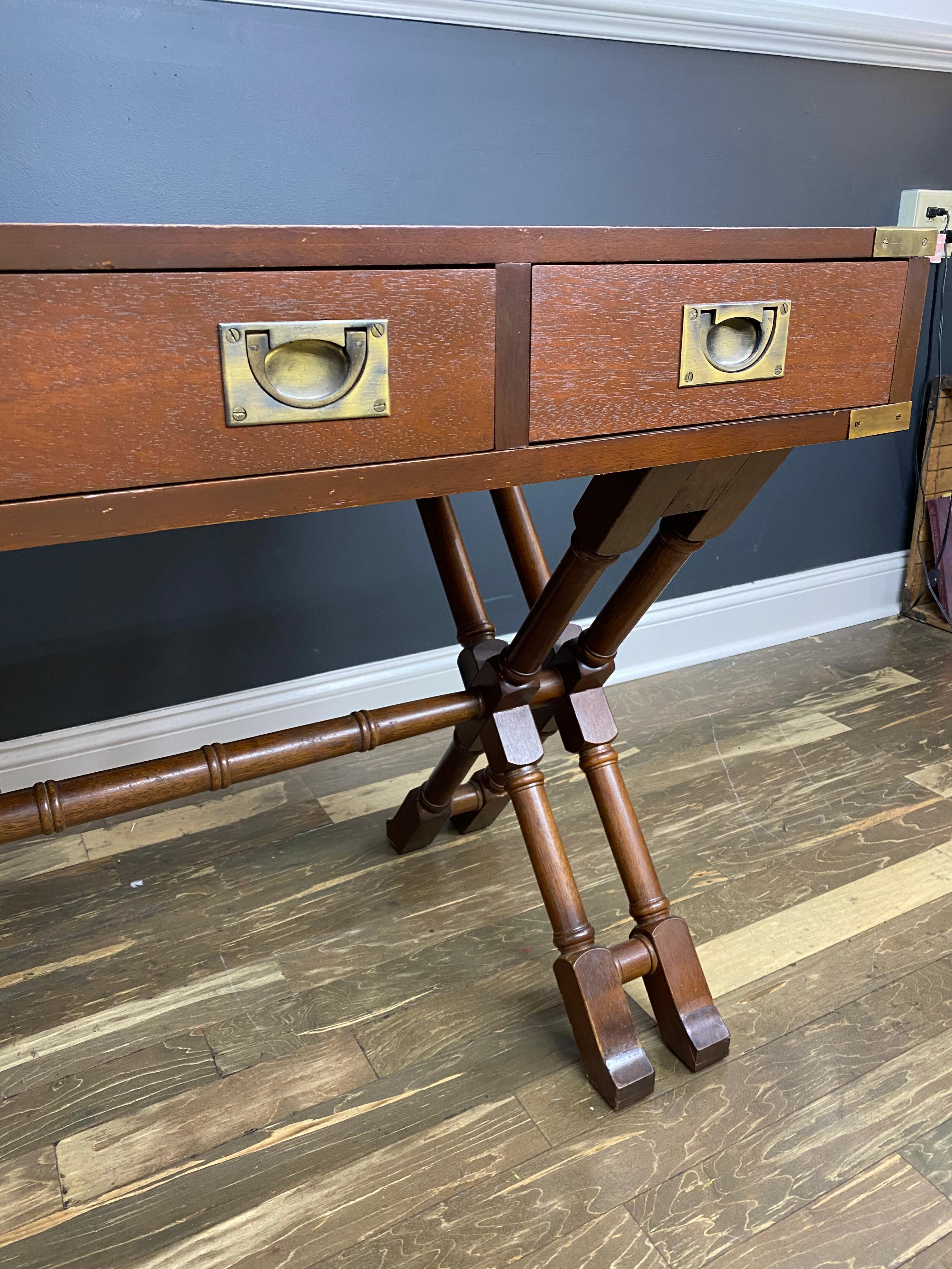 Vintage Baker Mahogany Campaign Desk with X-Base and Brass Hardware 2