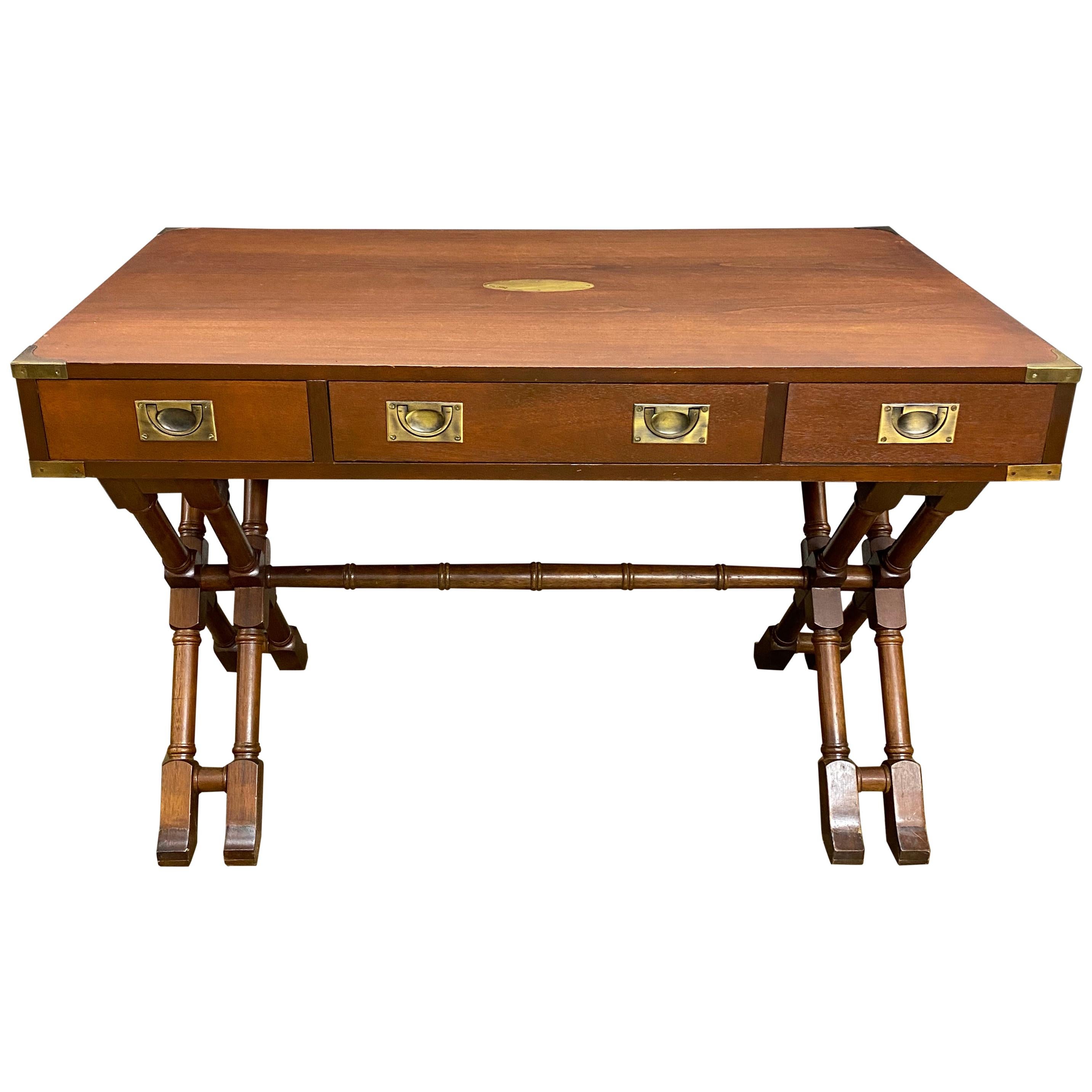 Vintage Baker Mahogany Campaign Desk with X-Base and Brass Hardware