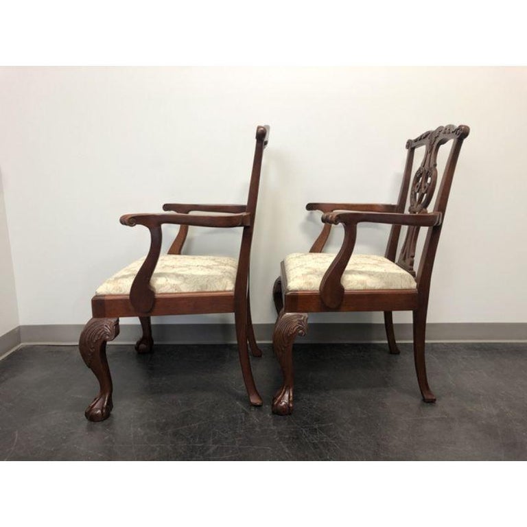 Fabric BAKER Mahogany Chippendale Ball in Claw Dining Armchairs - Pair For Sale