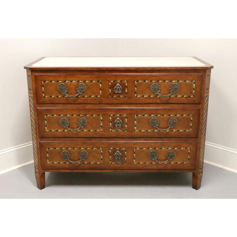 An occasional chest in the Neoclassical style by Baker Furniture. Walnut with inlays, marquetry, inlaid marble top and metal hardware. Features three dovetail drawers with decorative faux lockplates. Made in the USA, in the late 20th