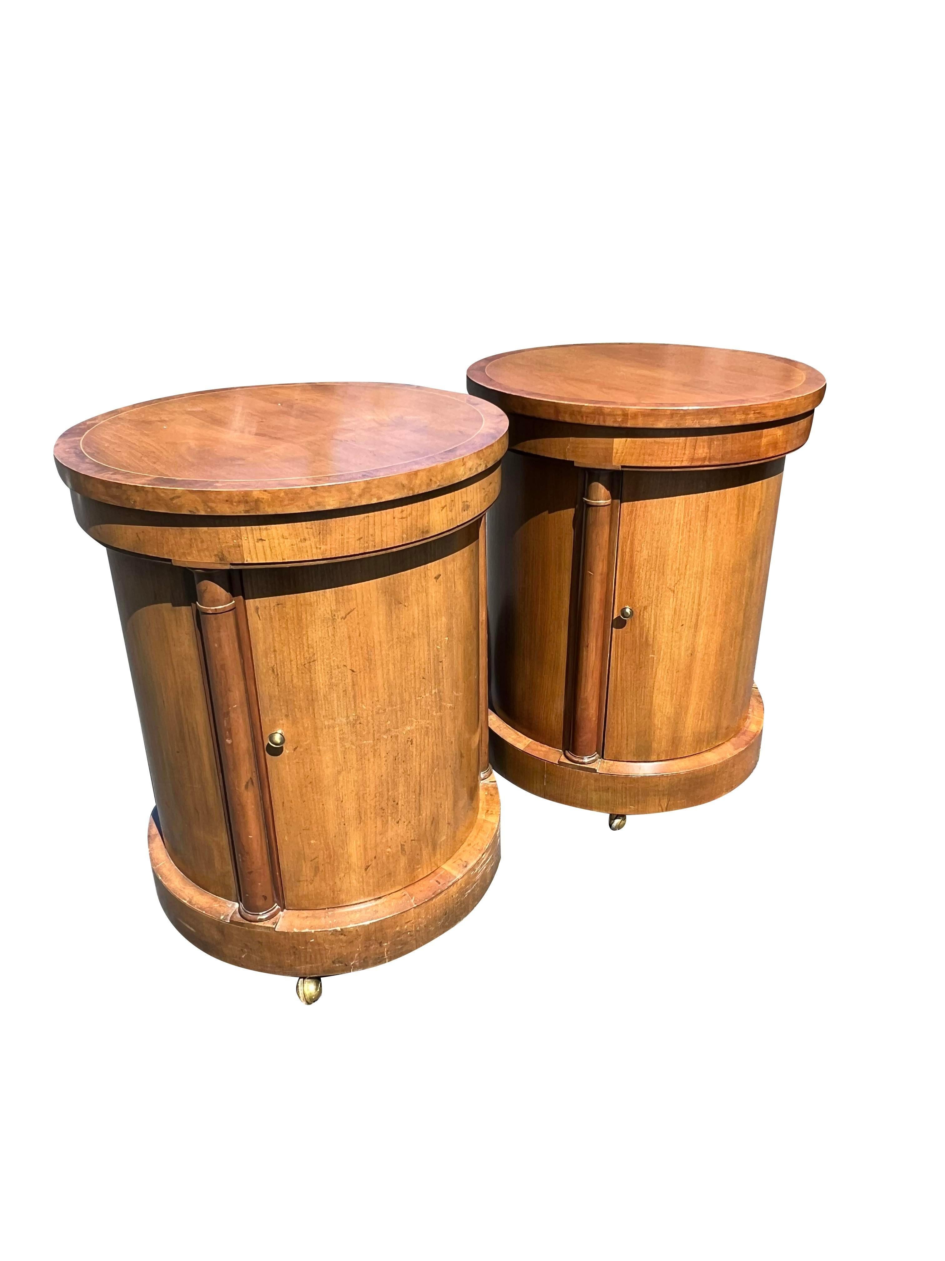 Wood Vintage Baker Nightstands Drum Style With Cabinet Storage - a Pair For Sale