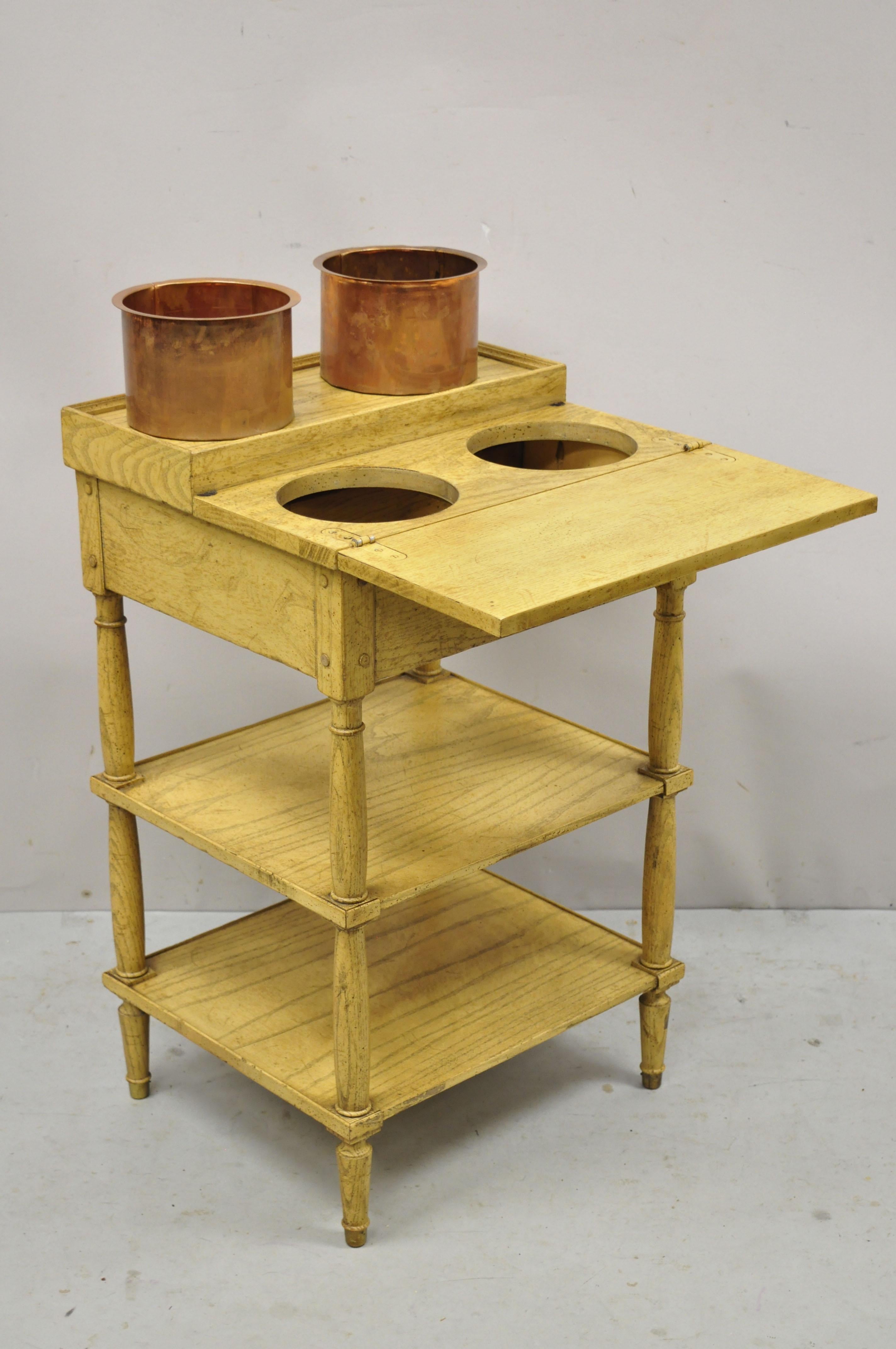 Vintage Baker Oak Wood Wine Serving Stand Holder Side Table With 2 Copper Pots 6
