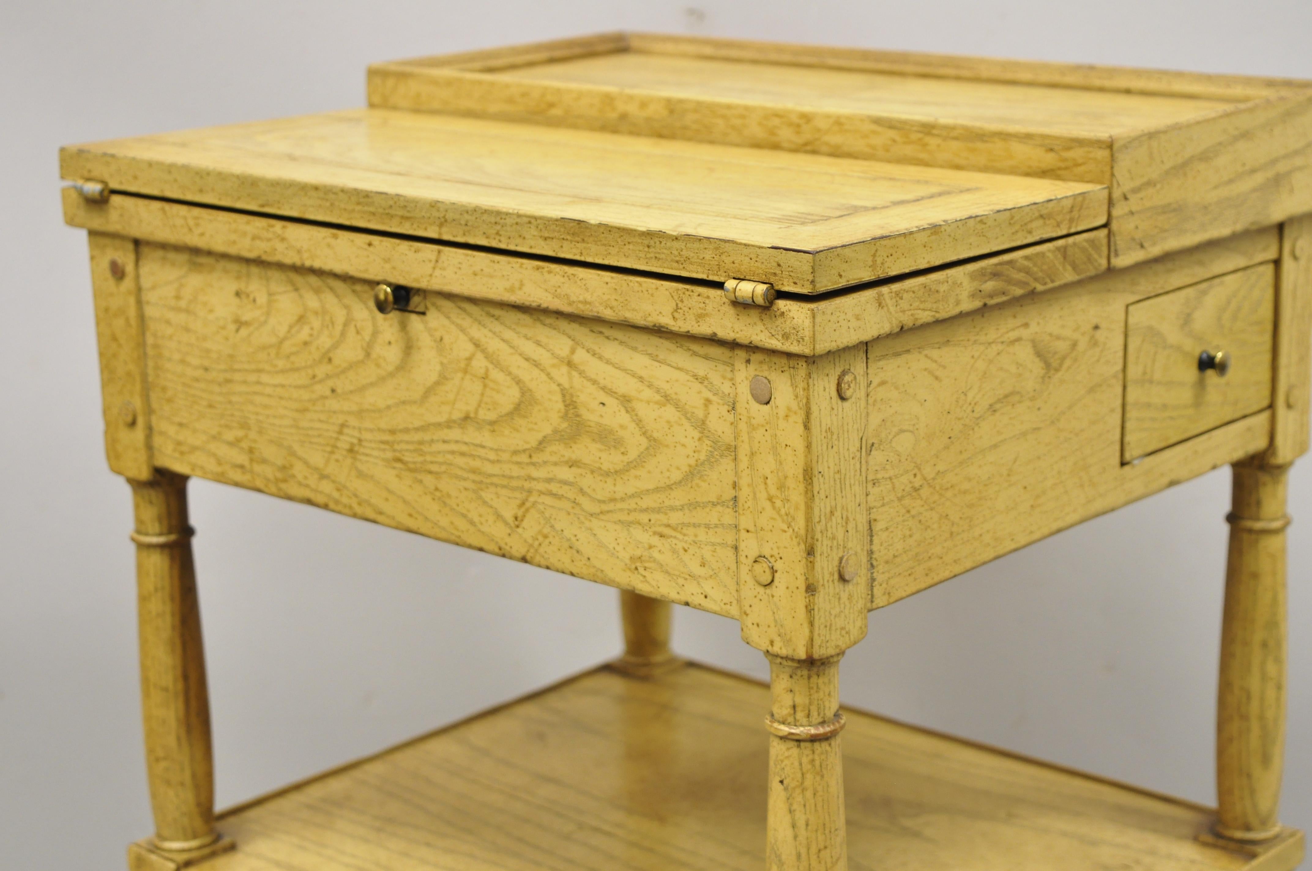 20th Century Vintage Baker Oak Wood Wine Serving Stand Holder Side Table With 2 Copper Pots