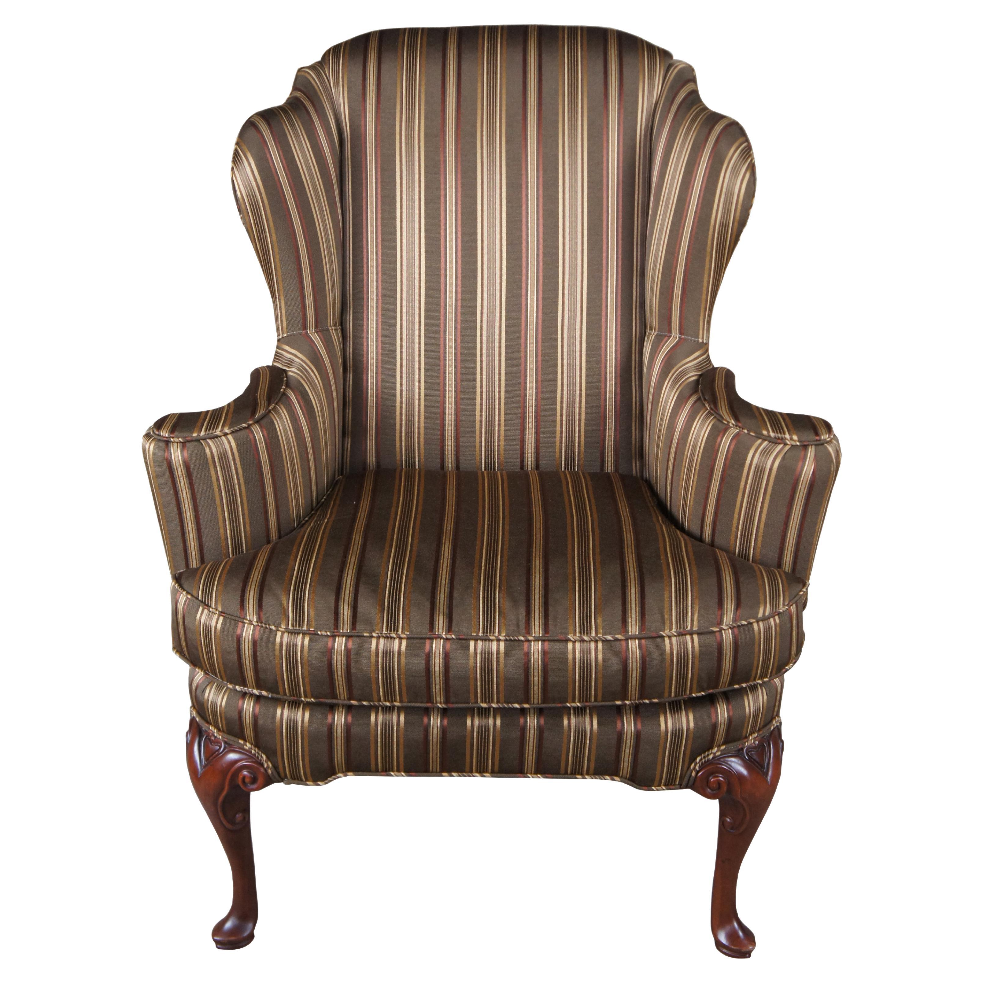 Vintage Baker Queen Anne Style Mahogany Silk Striped Wingback Library Club Chair