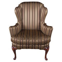 Vintage Baker Queen Anne Style Mahogany Silk Striped Wingback Library Club Chair