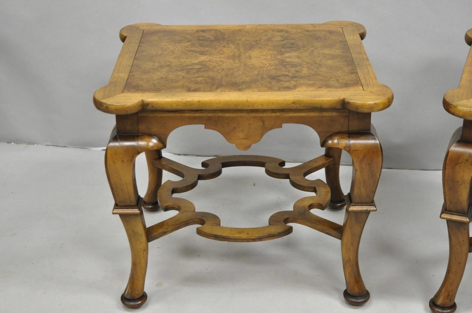 Vintage Baker Regency Style Burlwood Walnut Low Side End Tables - a Pair For Sale 7