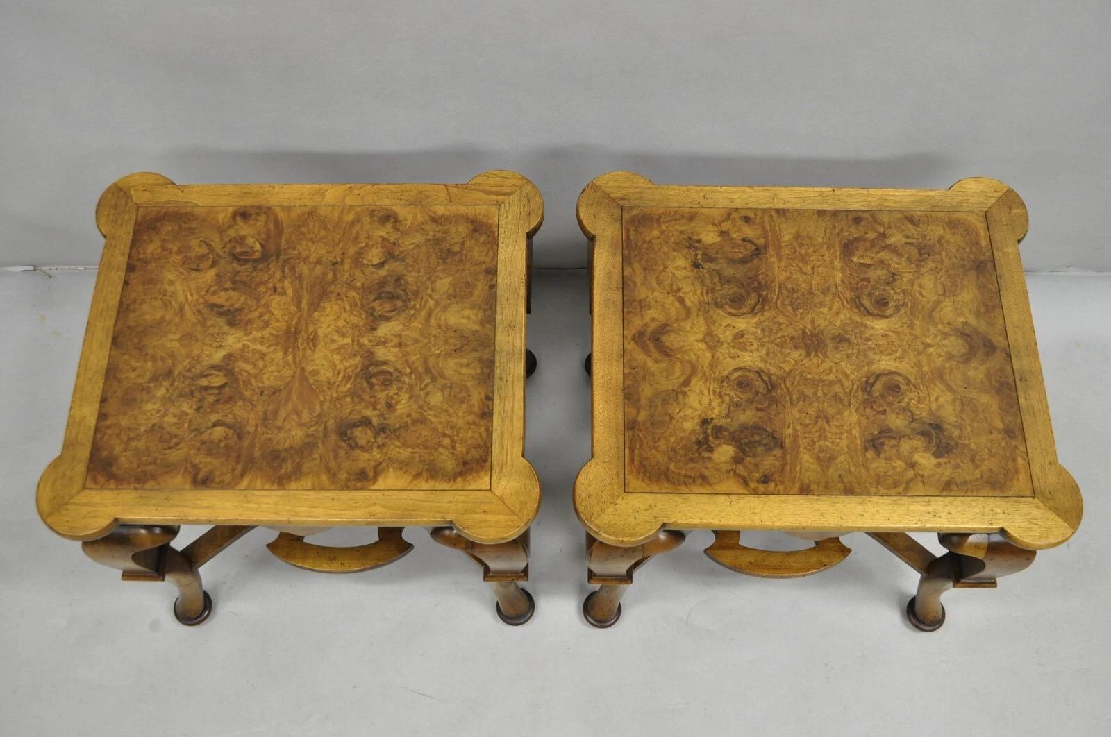 Unknown Vintage Baker Regency Style Burlwood Walnut Low Side End Tables - a Pair For Sale