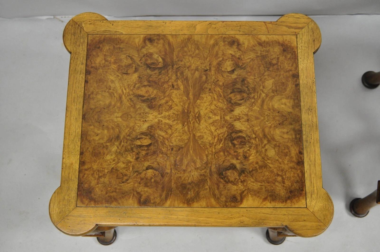 Vintage Baker Regency Style Burlwood Walnut Low Side End Tables - a Pair For Sale 1