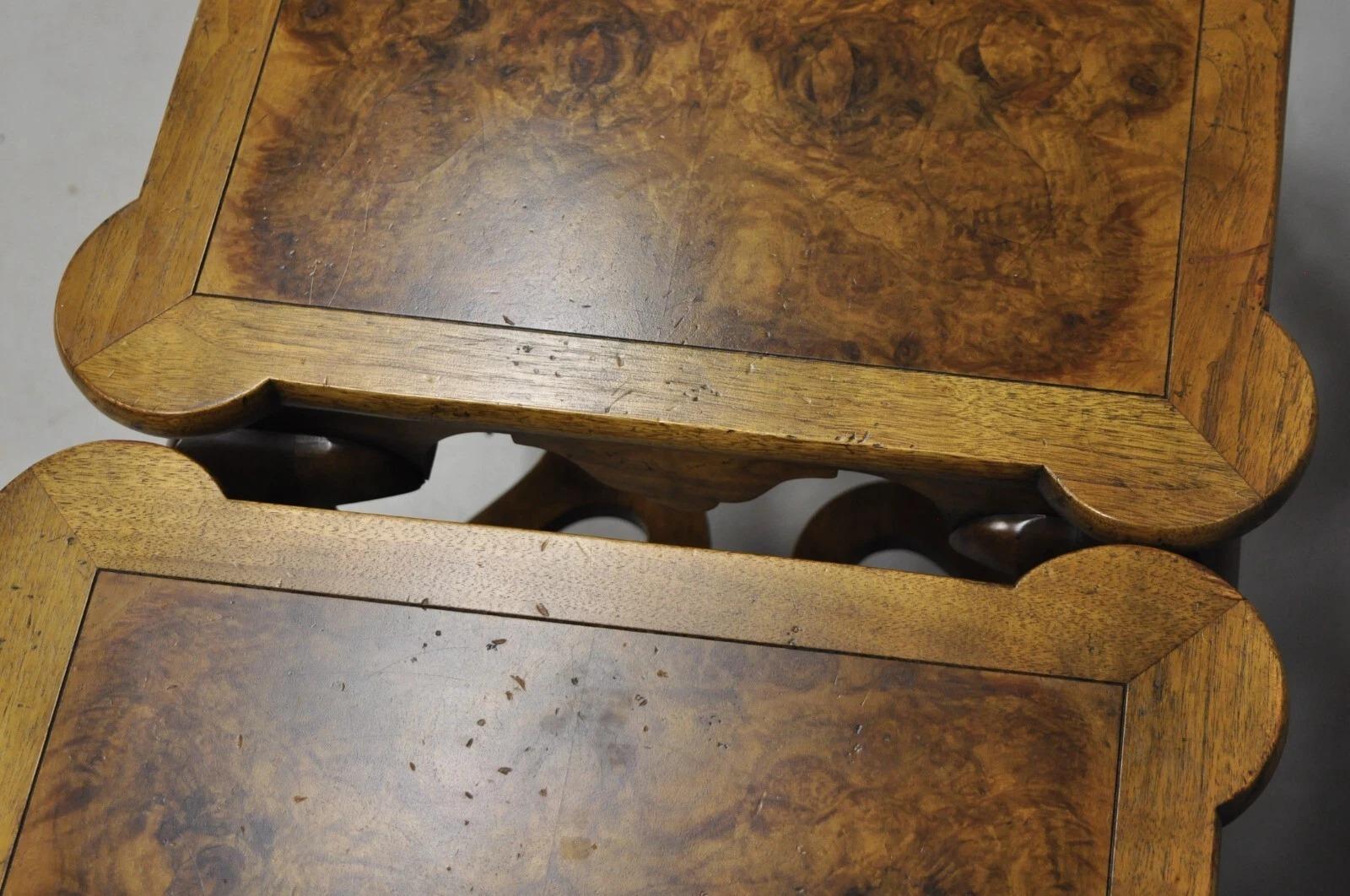 Vintage Baker Regency Style Burlwood Walnut Low Side End Tables - a Pair For Sale 2