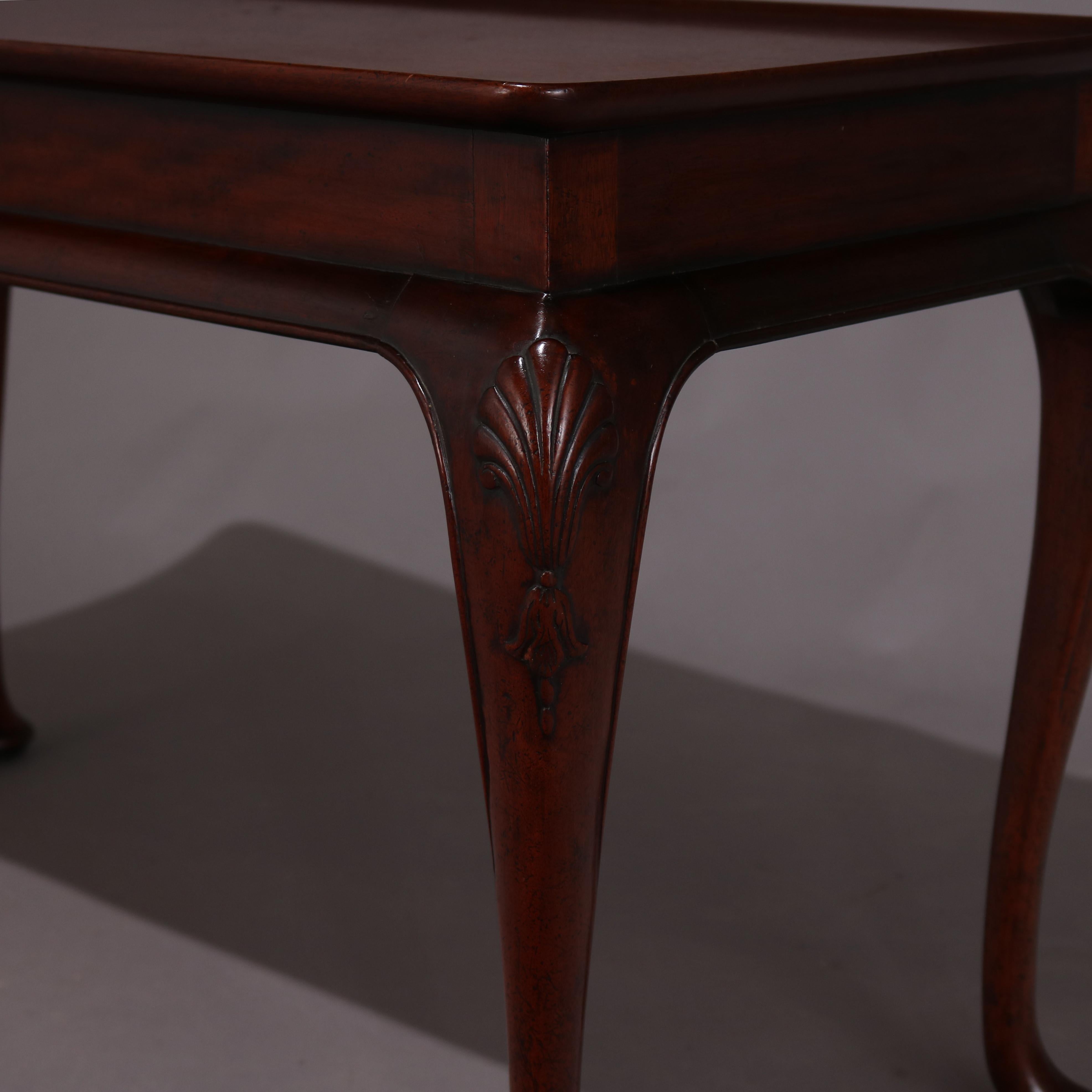 A vintage Baker School coffee or tea table features mahogany construction with top having upswept lip surmounting broad skirt and raised on cabriole legs with carved shell knees and pad feet, 20th century.

***DELIVERY NOTICE – Due to COVID-19 we