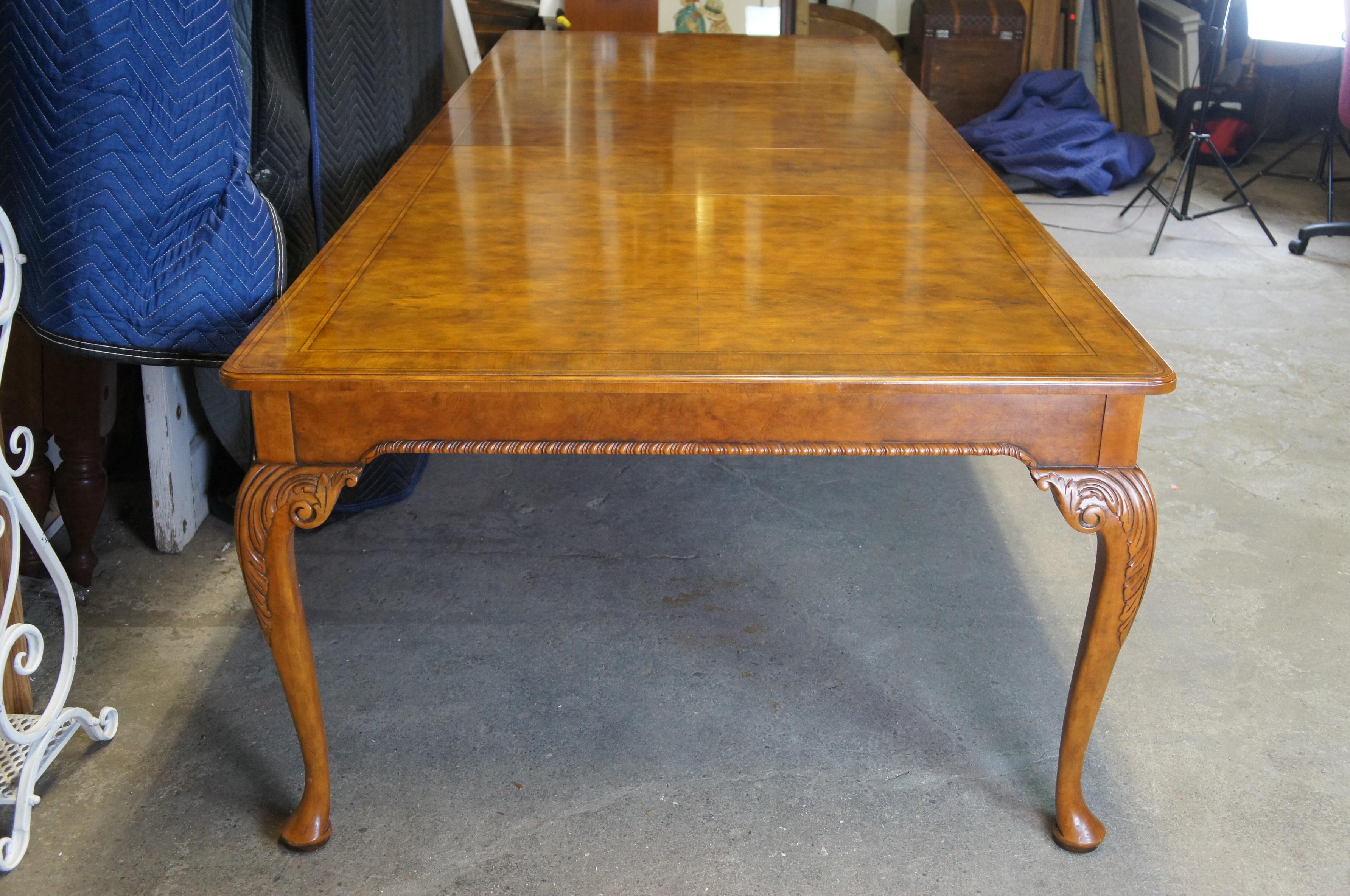 Satinwood Vintage Baker Stately Homes Chippendale Style Burled Walnut Dining Table For Sale