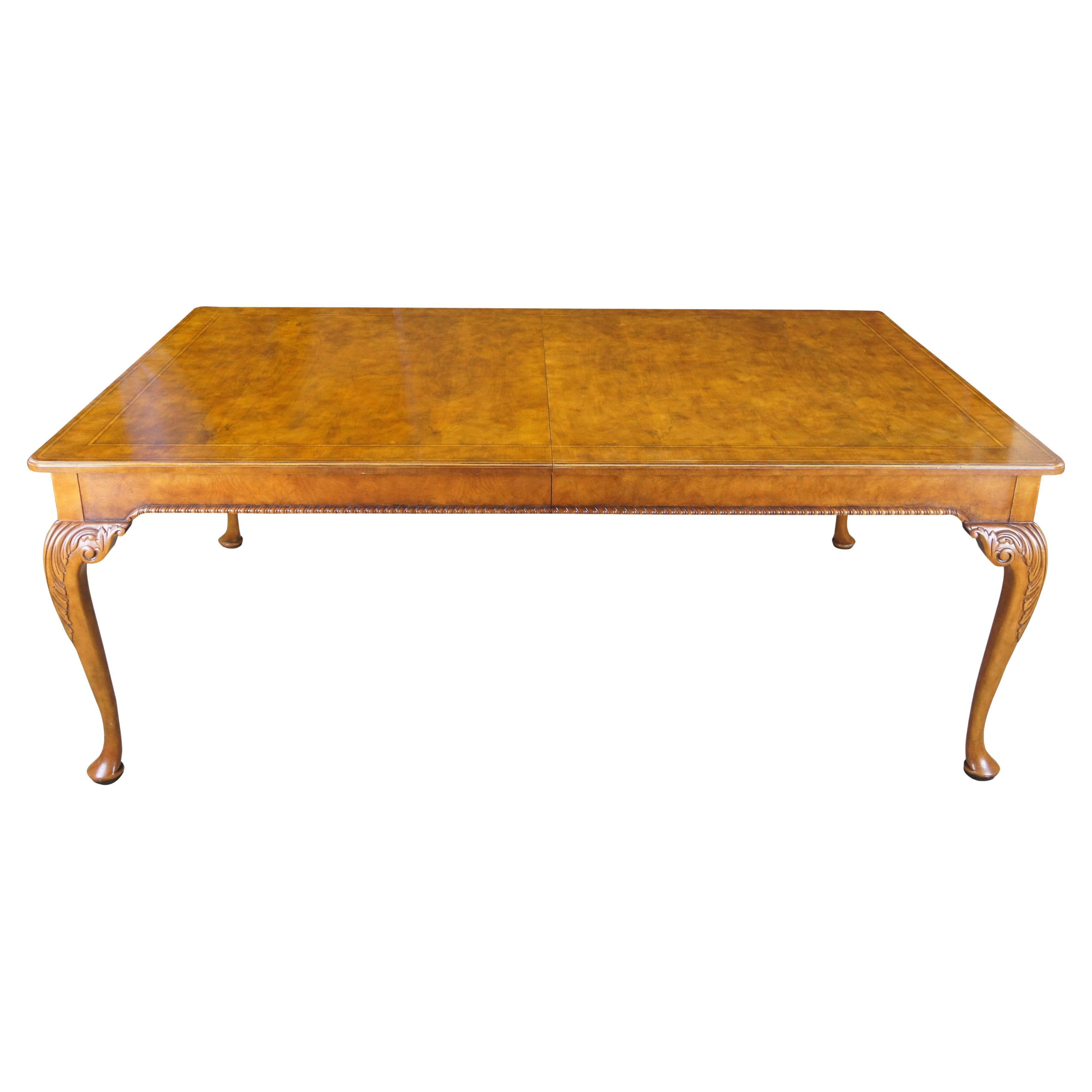 Vintage Baker Stately Homes Chippendale Style Burled Walnut Dining Table For Sale