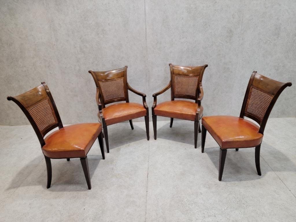 Modern Vintage Baker Wicker and Leather Dining Chairs - Set of 6