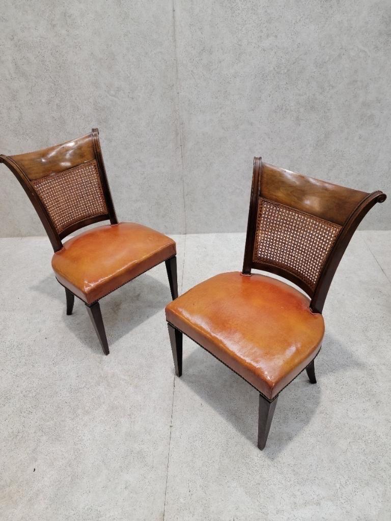 Vintage Baker Wicker and Leather Dining Chairs - Set of 6 In Good Condition In Chicago, IL