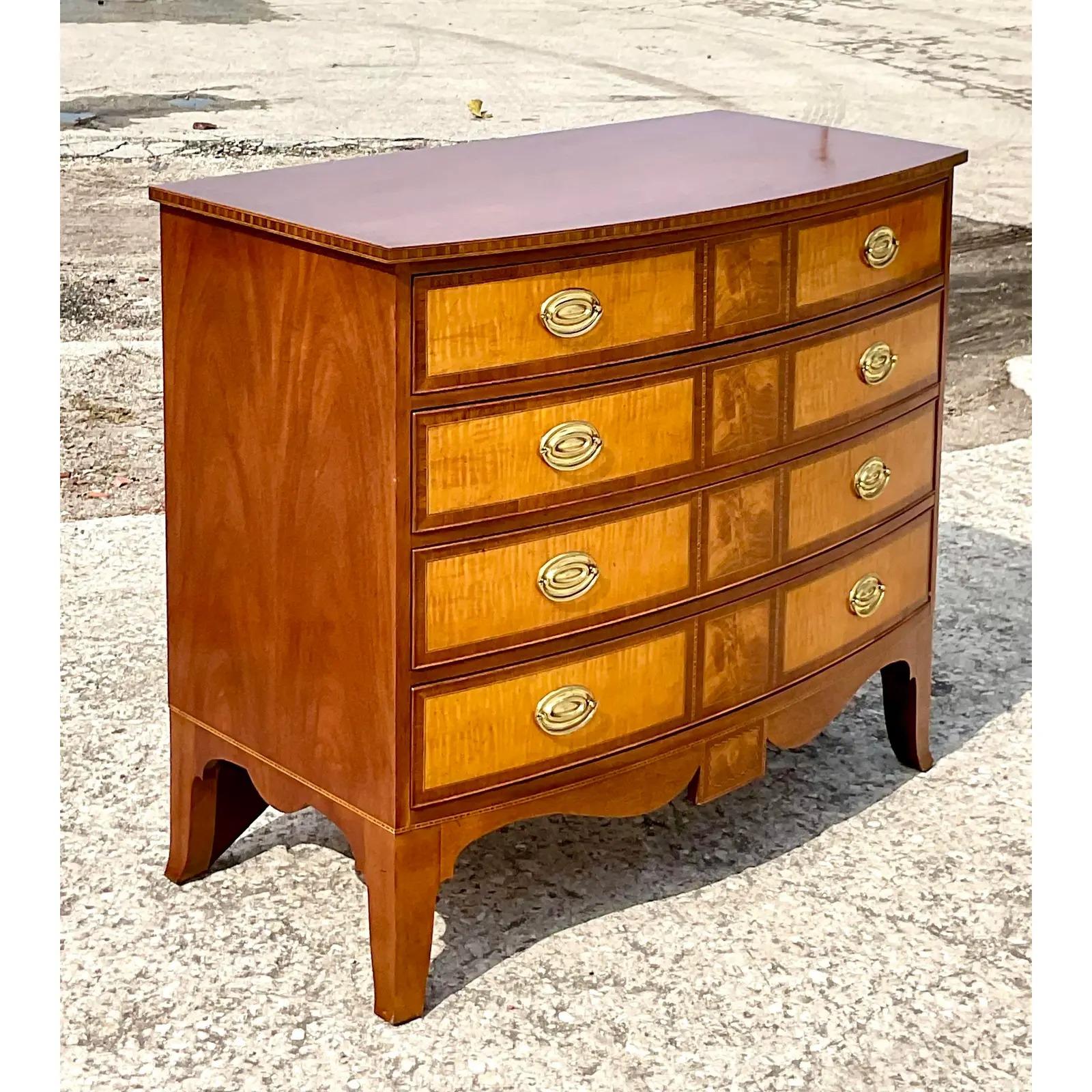 North American Vintage Baker Williamsburg Collection Burl Chest of Drawers For Sale