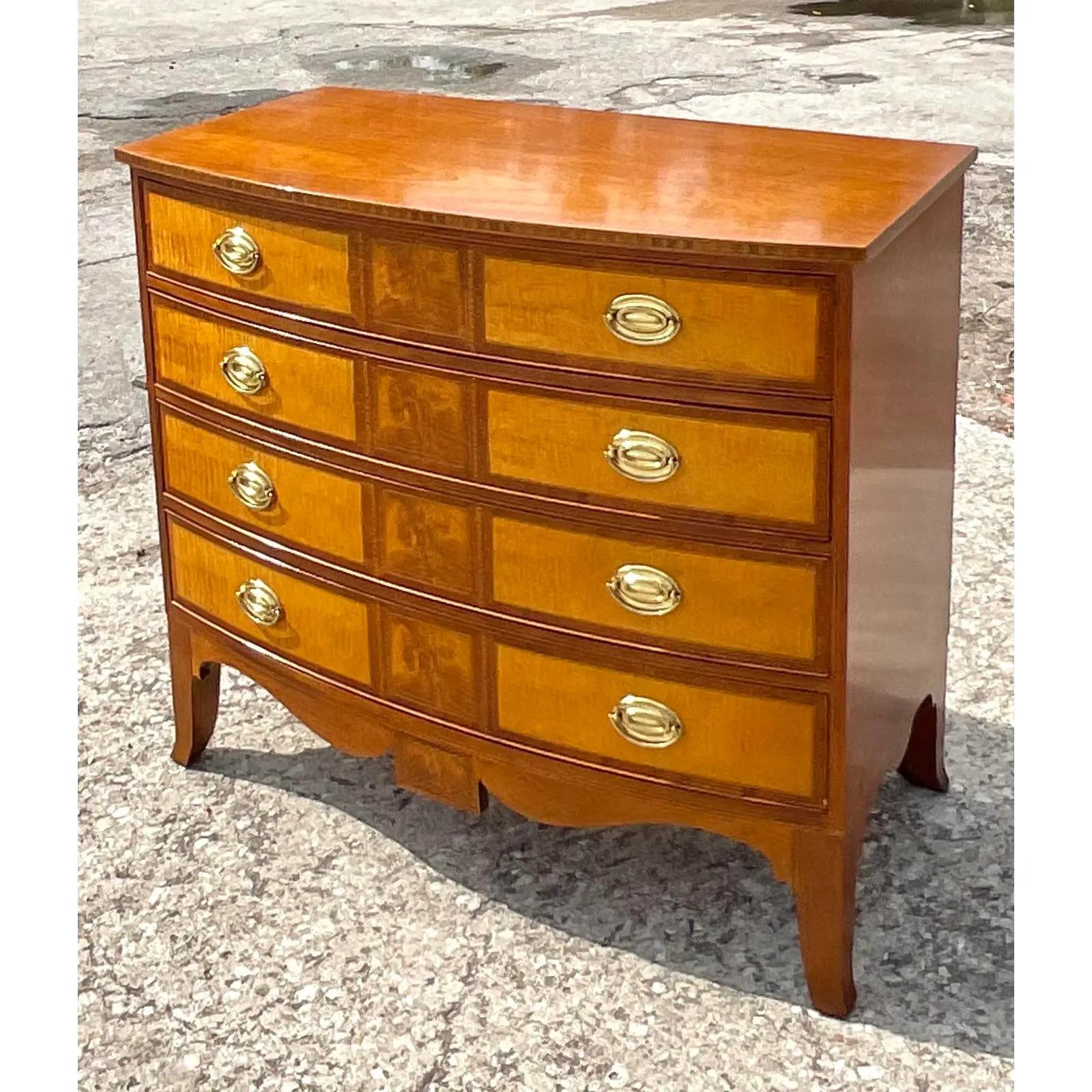 Wood Vintage Baker Williamsburg Collection Burl Chest of Drawers For Sale