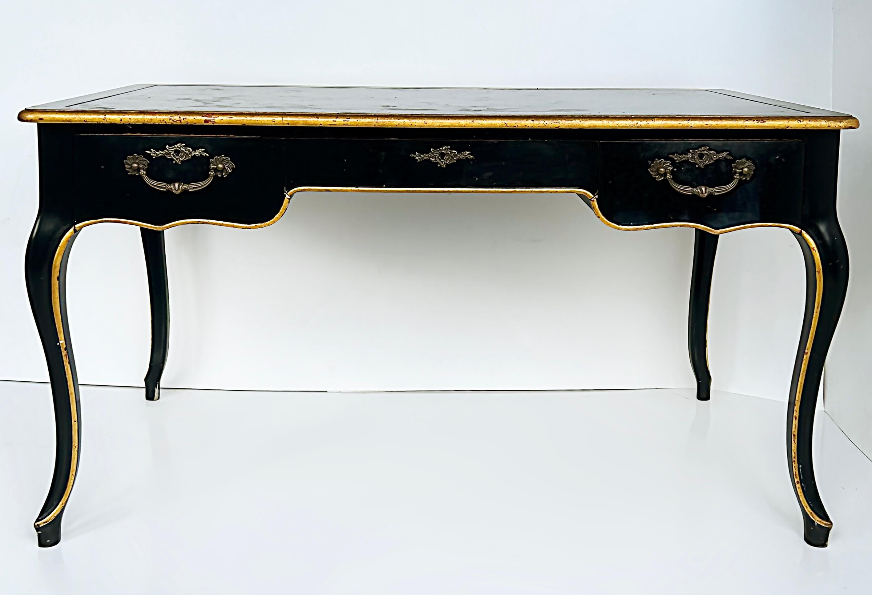 Louis XV Vintage Baker Writing Desk, Ebonized Parcel Gilt with Leather Embossed