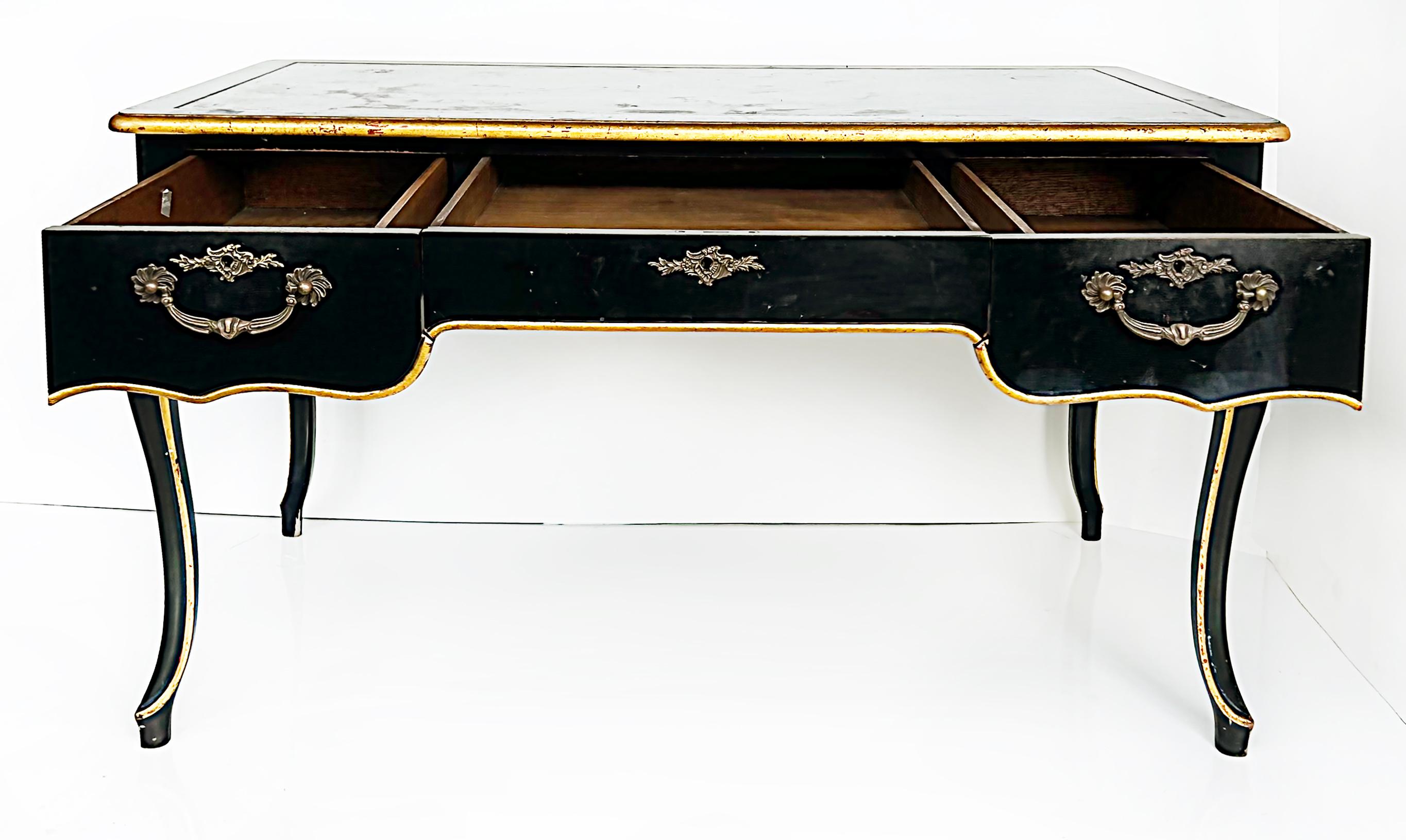 Vintage Baker Writing Desk, Ebonized Parcel Gilt with Leather Embossed In Good Condition In Miami, FL