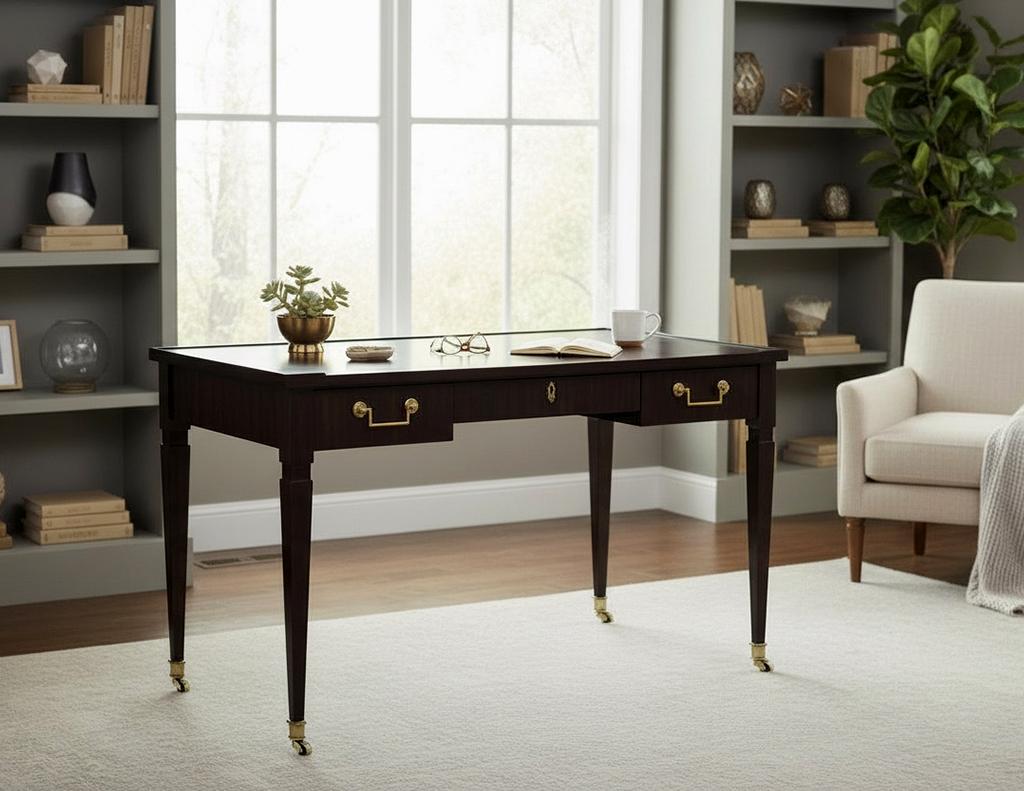 This vintage Baker writing desk, America circa 1960’s, has been meticulously restored in a rich dark walnut finish that highlights its refined craftsmanship. It retains all original brass hardware and sabots on elegant tapered legs, underscoring the