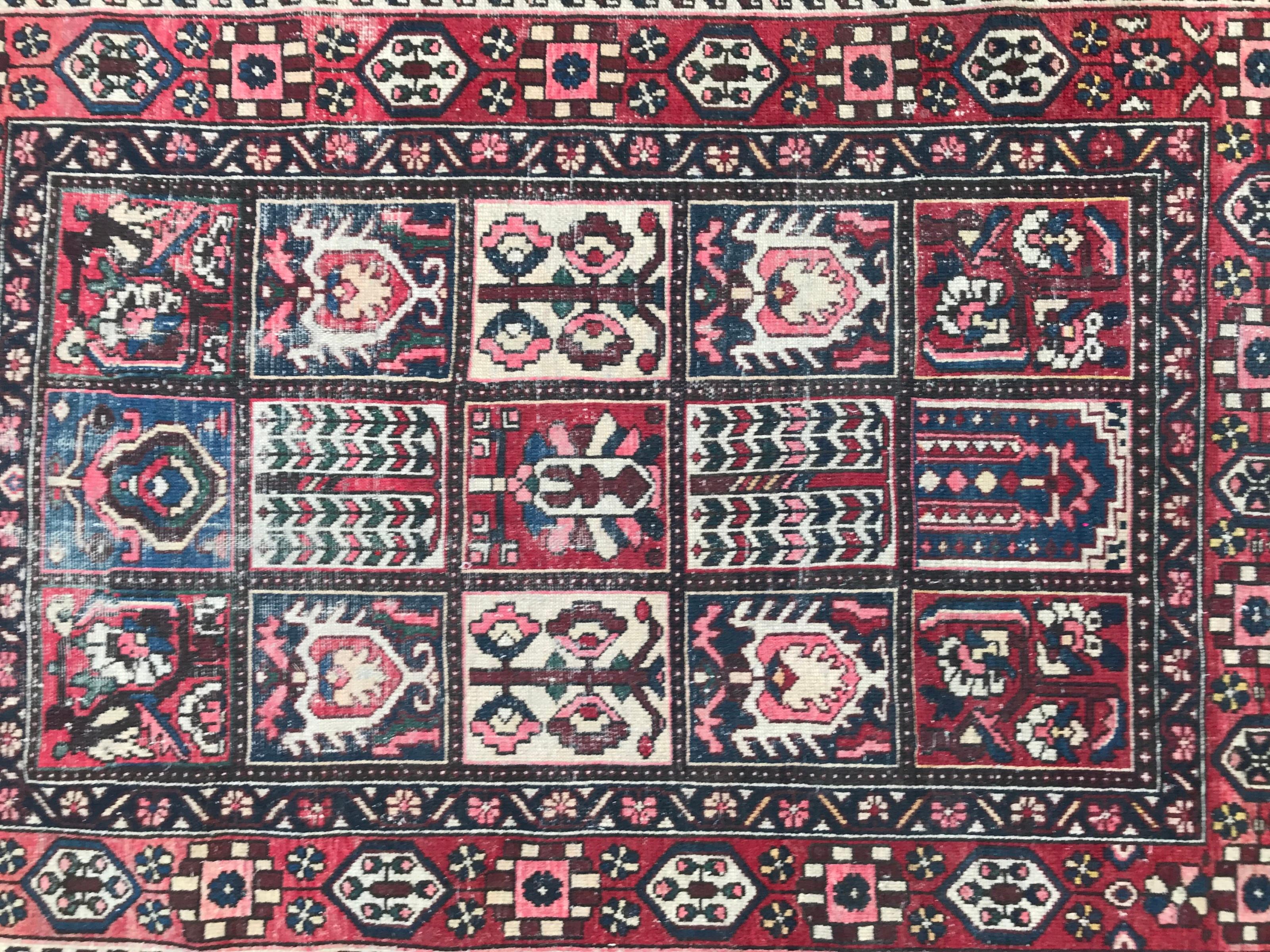 Mid-20th century rug with nice geometrical design and beautiful colors entirely hand knotted with wool velvet on cotton foundation.